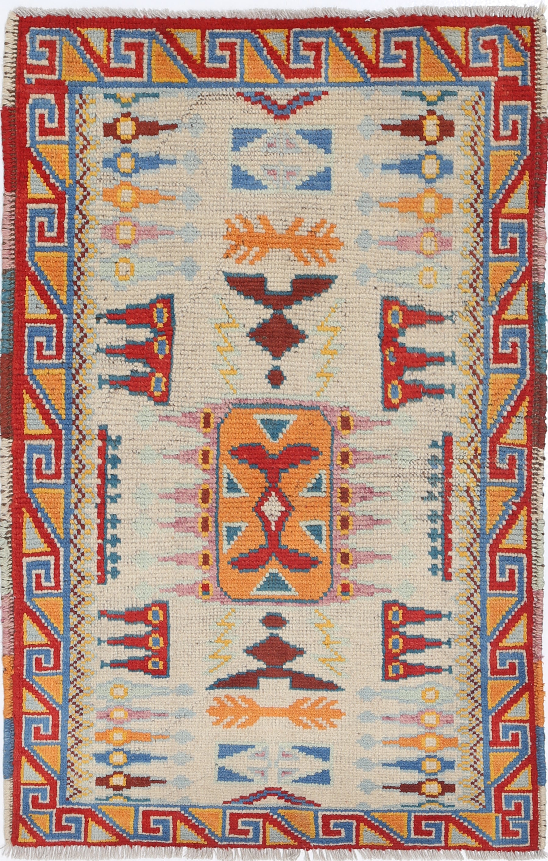 Ivory Hand-Knotted Tribal Geometric Wool Rug - 2'7" x 4'2"