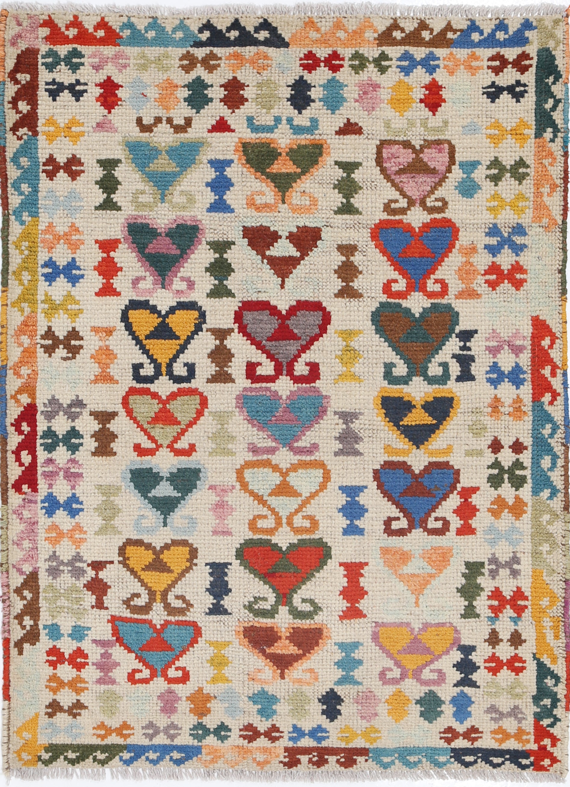 Ivory Hand-Knotted Tribal Geometric Wool Rug - 2'10" x 3'11"