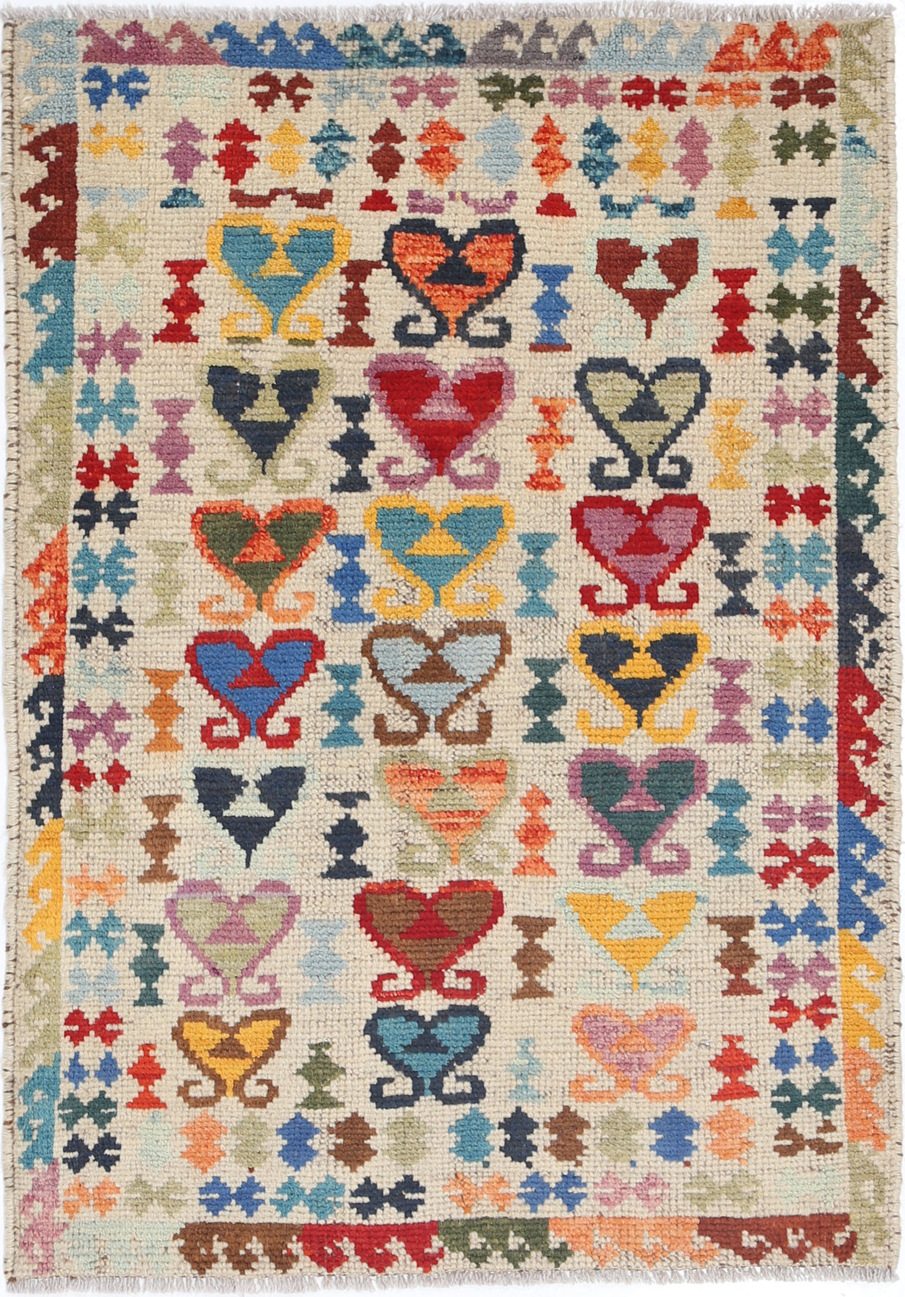 Ivory Hand-Knotted Tribal Geometric Wool Rug - 2'9" x 4'0"