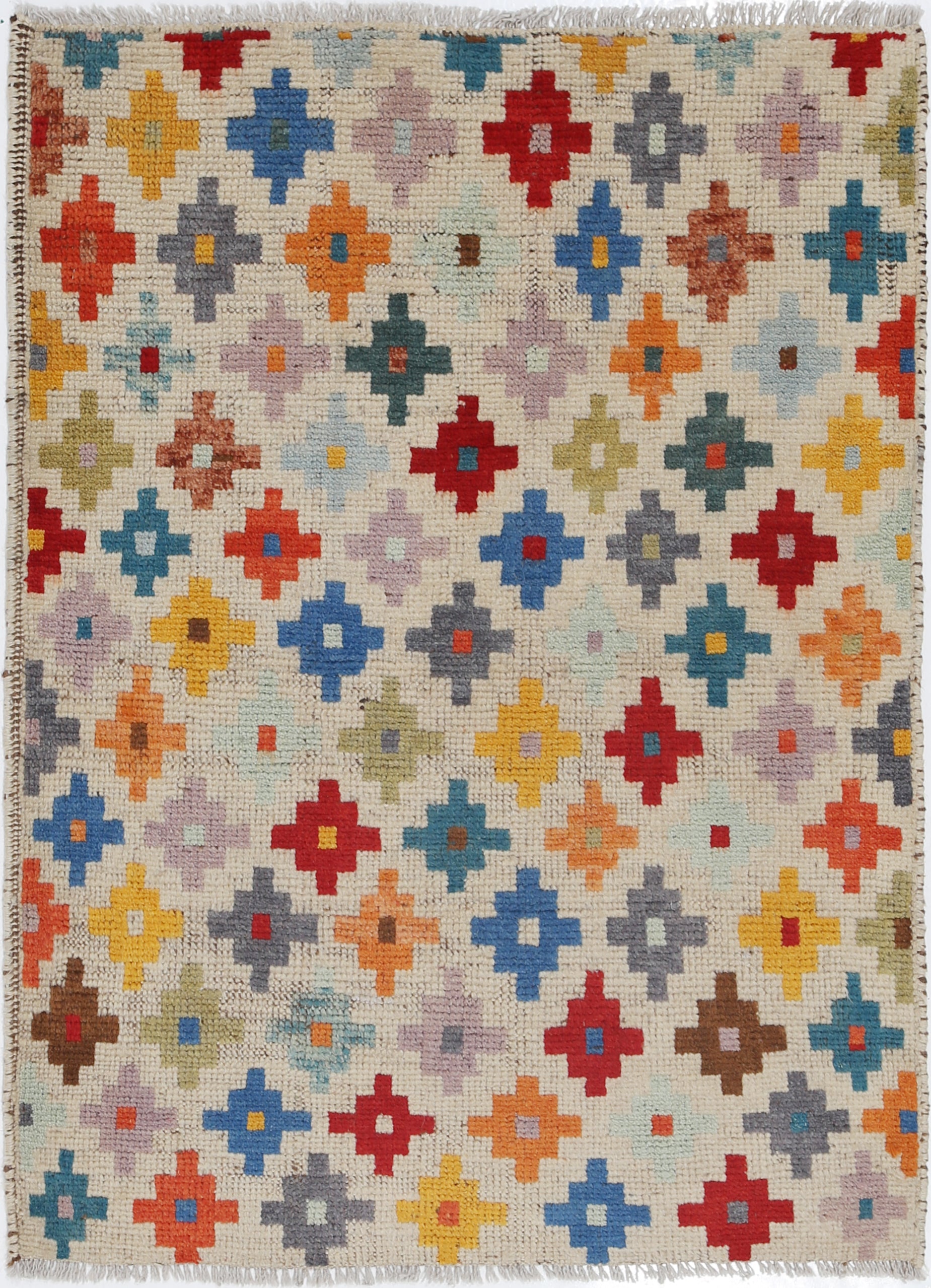 Ivory Hand-Knotted Tribal Geometric Wool Rug - 2'9" x 3'1"