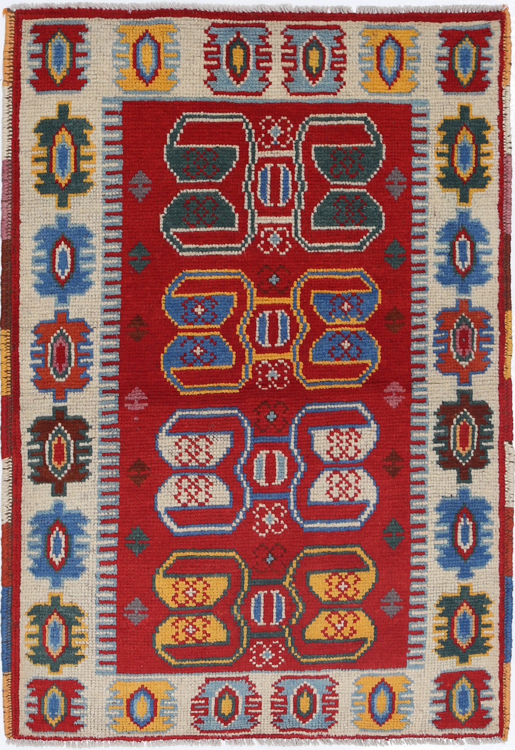 Red Hand-Knotted Tribal Geometric Wool Rug - 2'9" x 4'2"