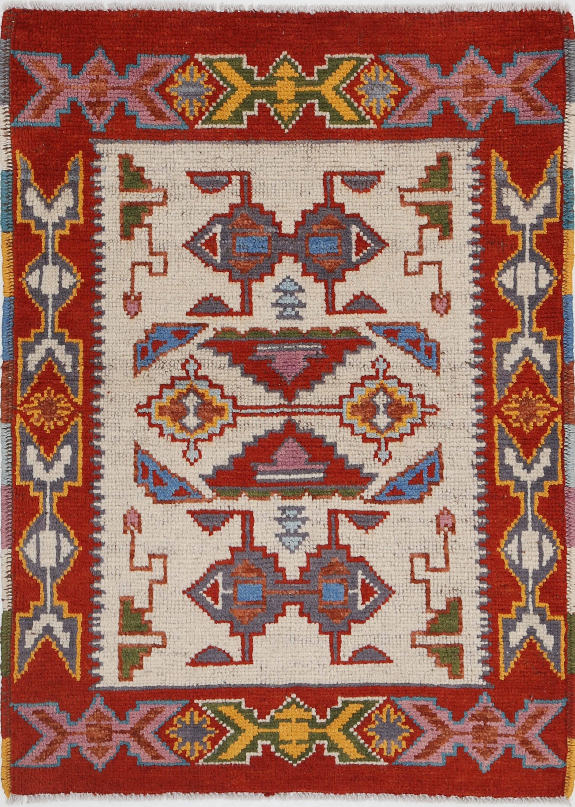 Ivory Hand-Knotted Tribal Geometric Wool Rug - 2'9" x 3'10"