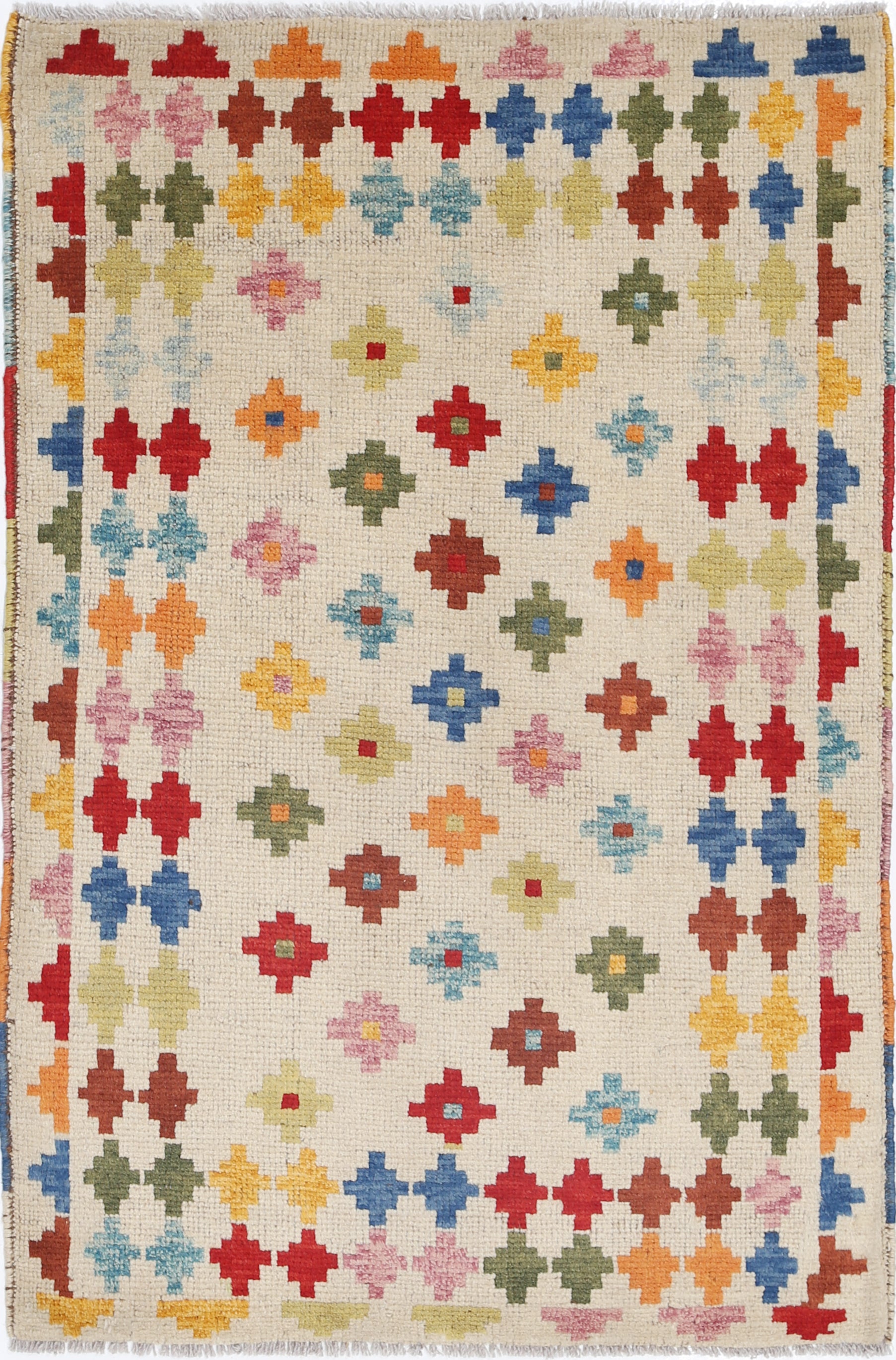 Ivory Hand-Knotted Tribal Geometric Wool Rug - 2'8" x 4'2"