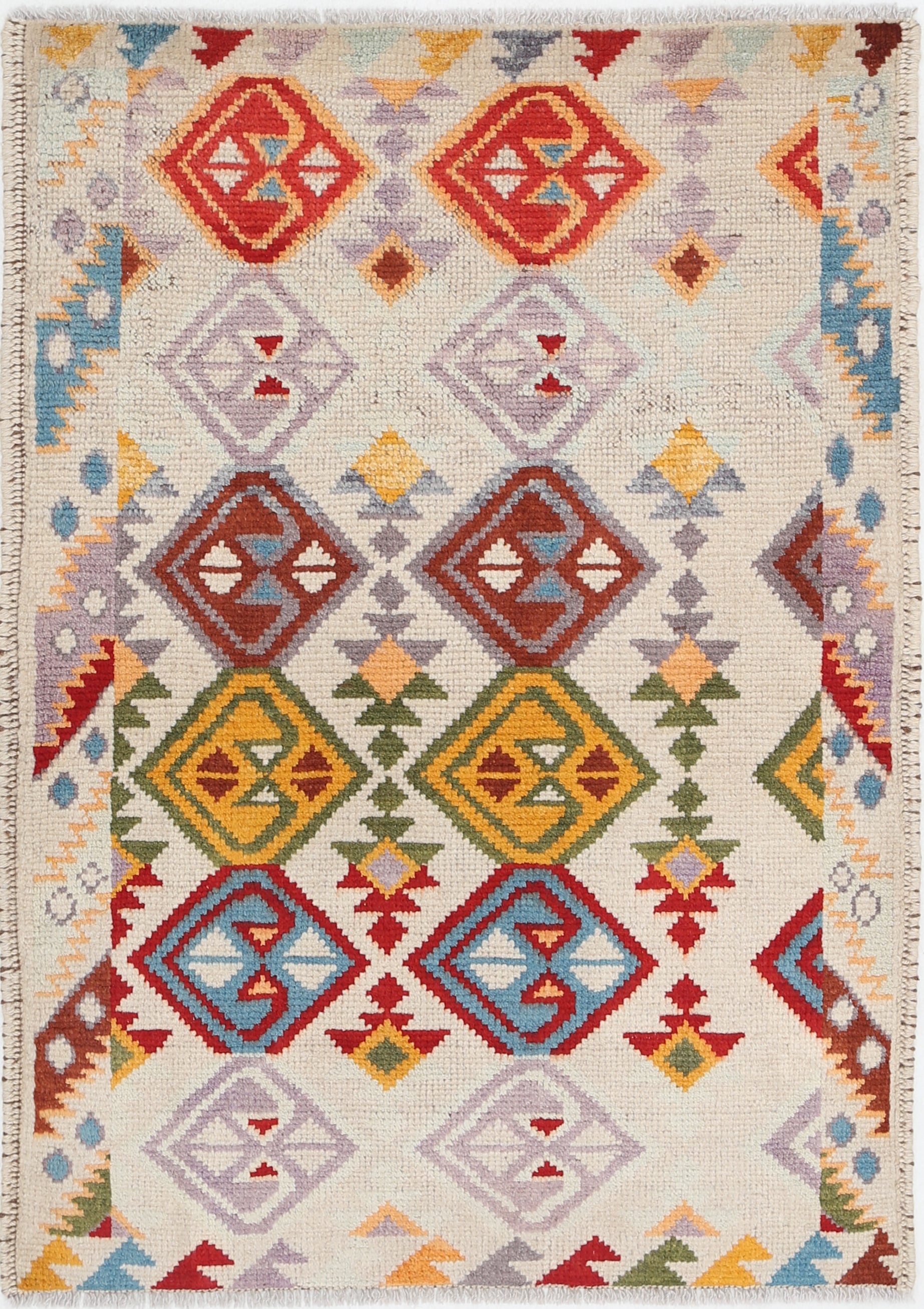 Ivory Hand-Knotted Tribal Geometric Wool Rug - 2'9" x 3'11"