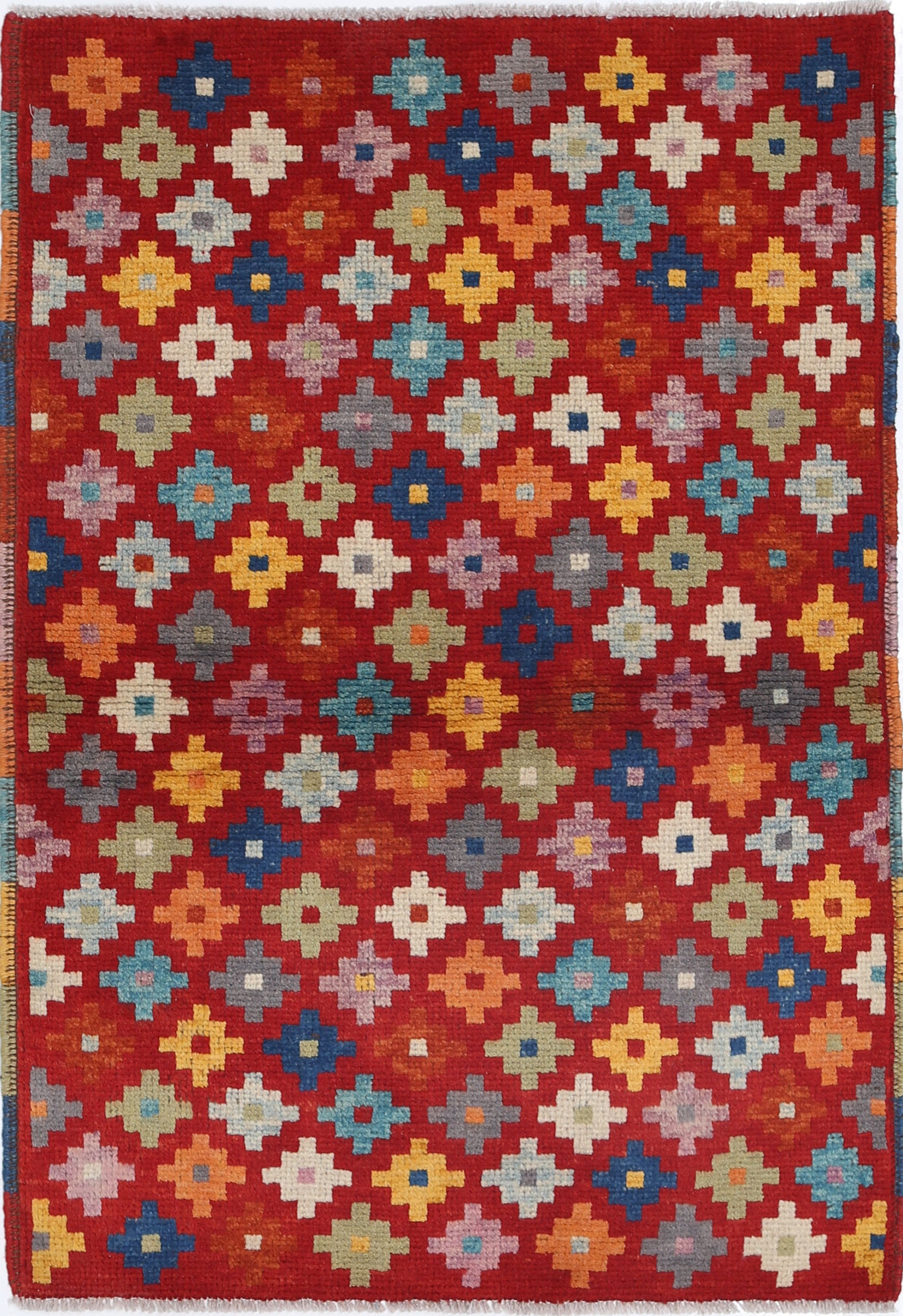 Red Hand-Knotted Tribal Geometric Wool Rug - 2'7" x 3'10"