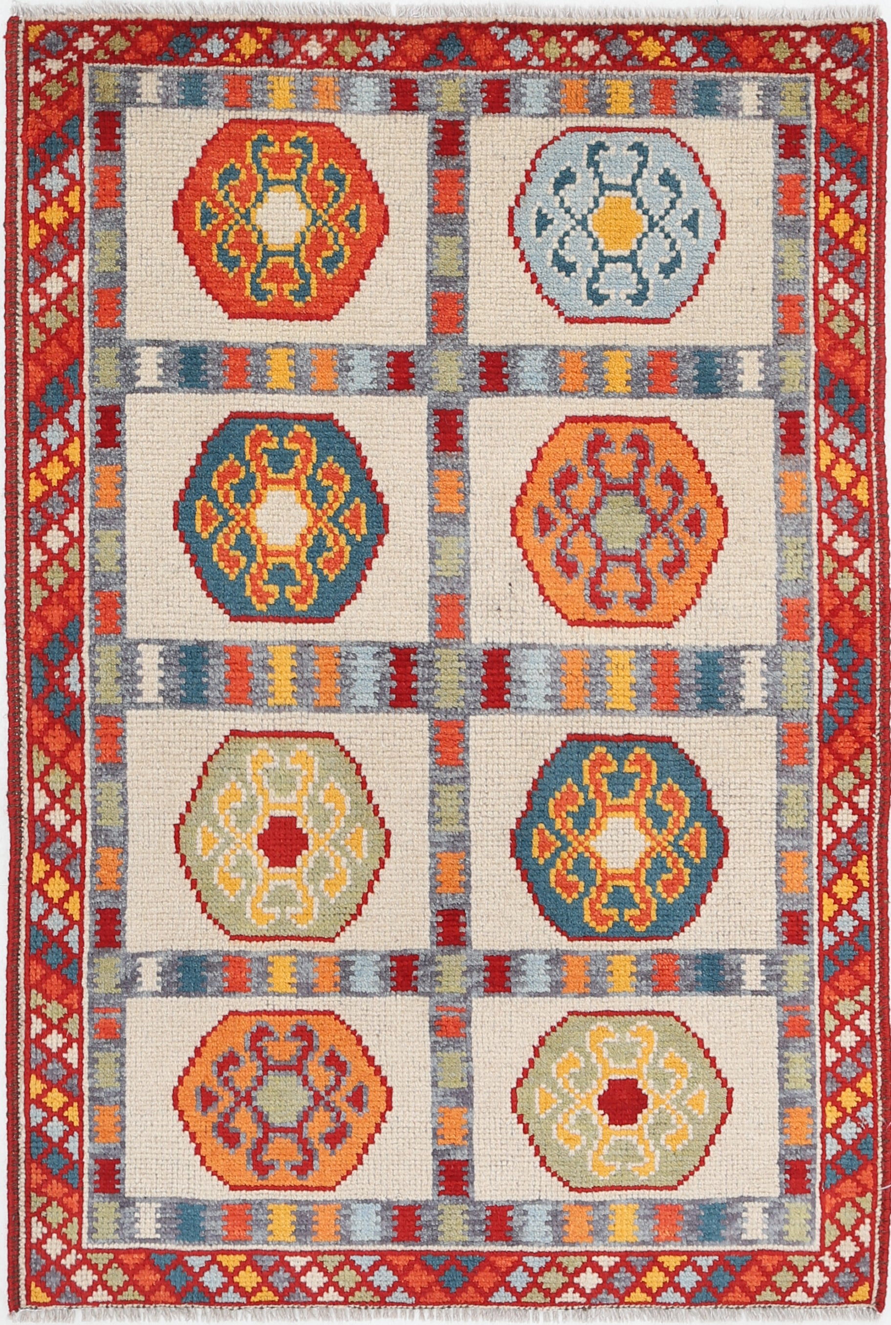 Ivory Hand-Knotted Tribal Geometric Wool Rug - 2'8" x 4'1"