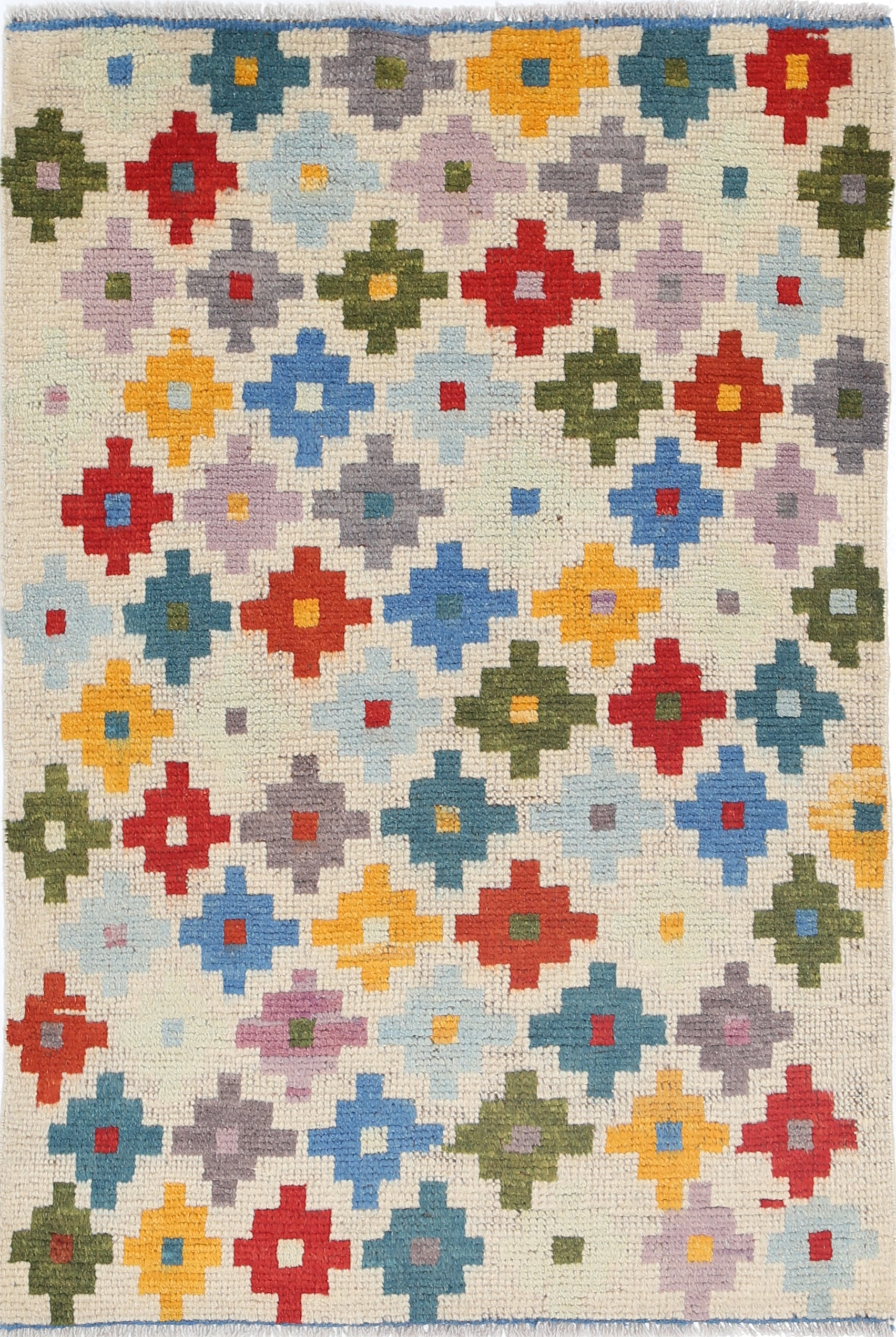 Ivory Hand-Knotted Tribal Geometric Wool Rug - 2'7" x 3'10"