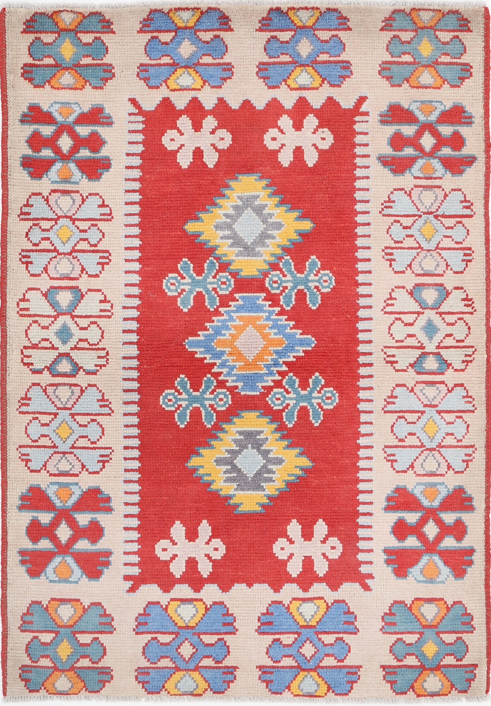 Red Hand-Knotted Tribal Geometric Wool Rug - 3'6" x 5'1"