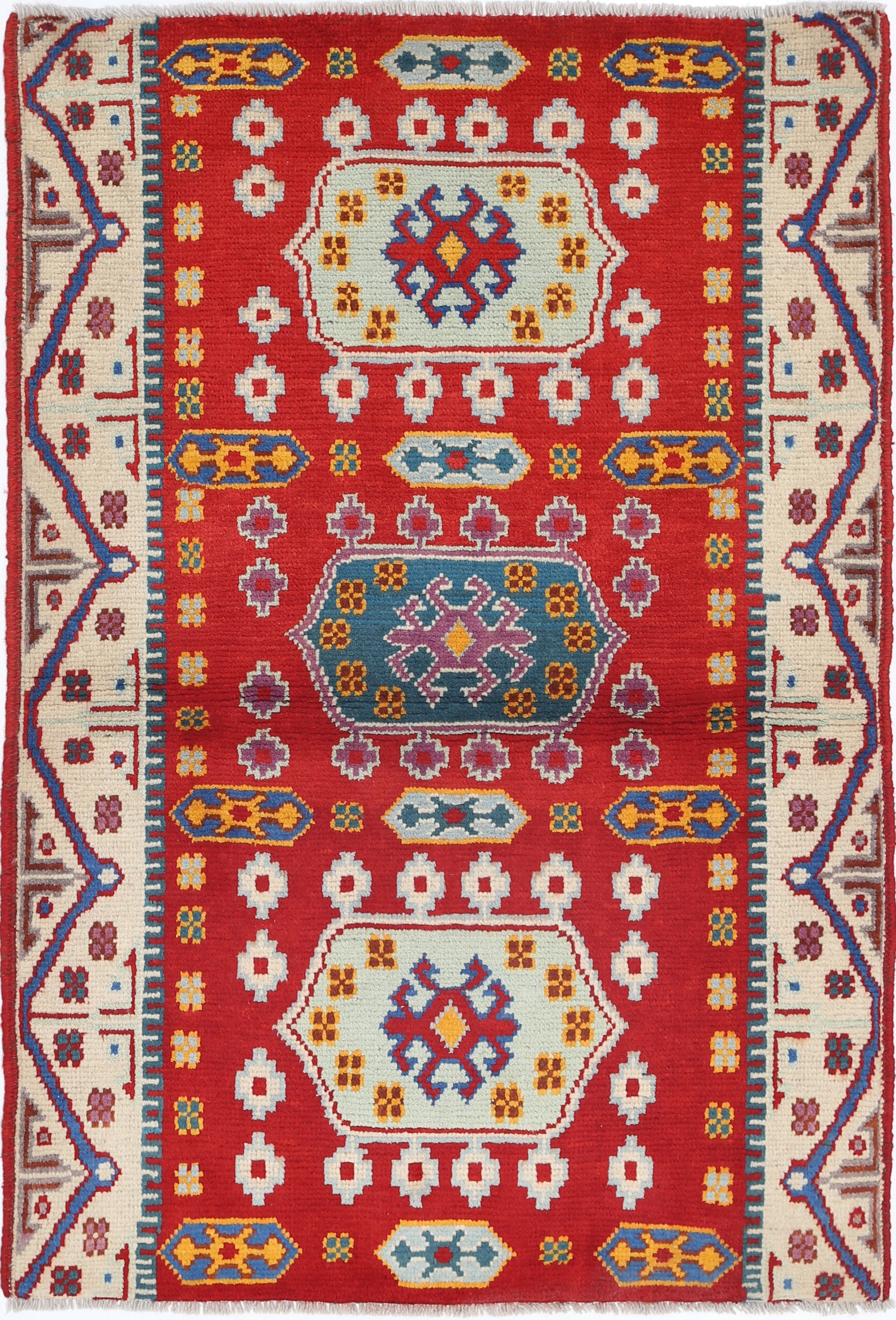 Red Hand-Knotted Tribal Geometric Wool Rug - 3'5" x 5'1"