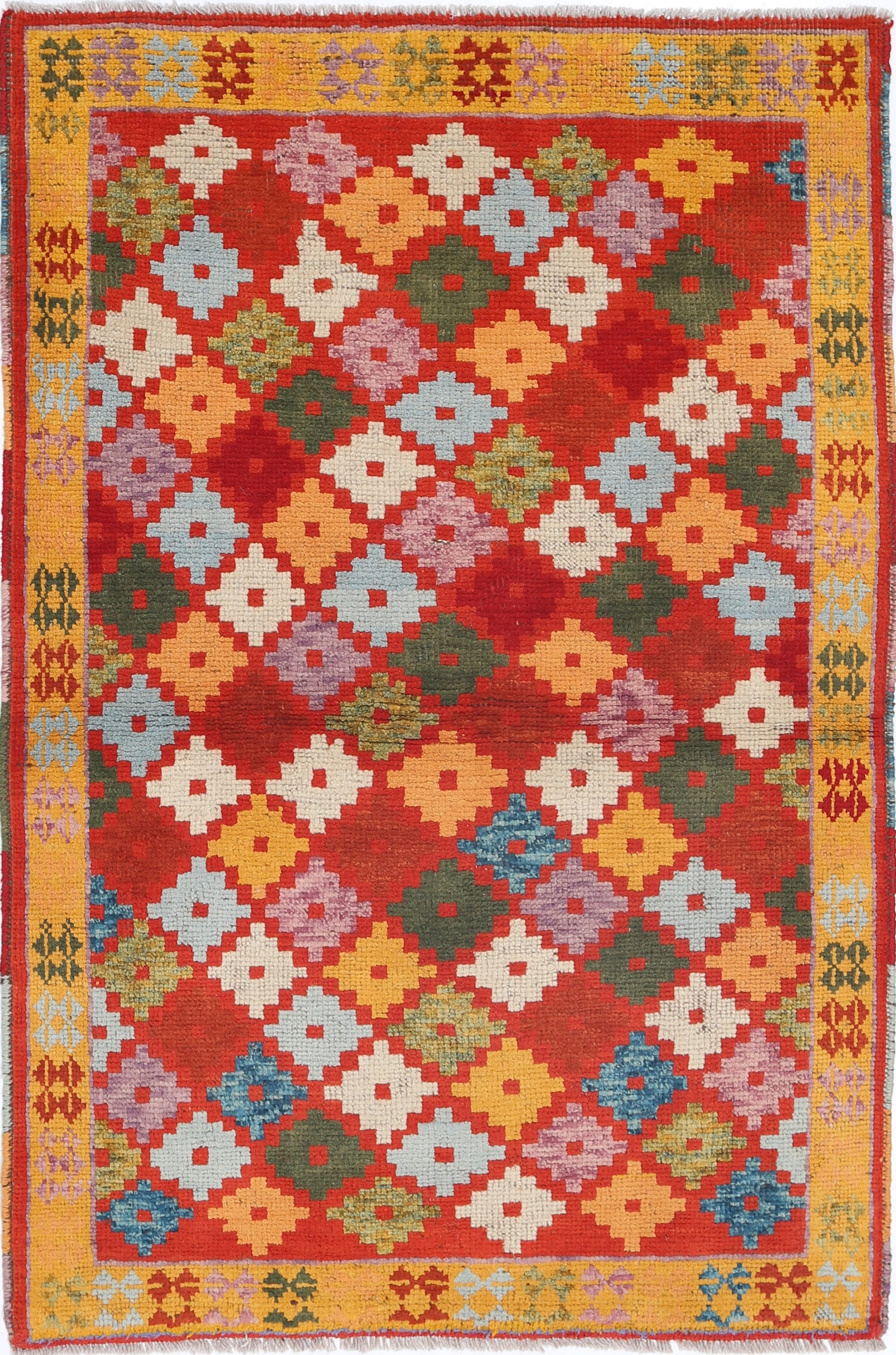 Red Hand-Knotted Tribal Geometric Wool Rug - 3'4" x 4'11"