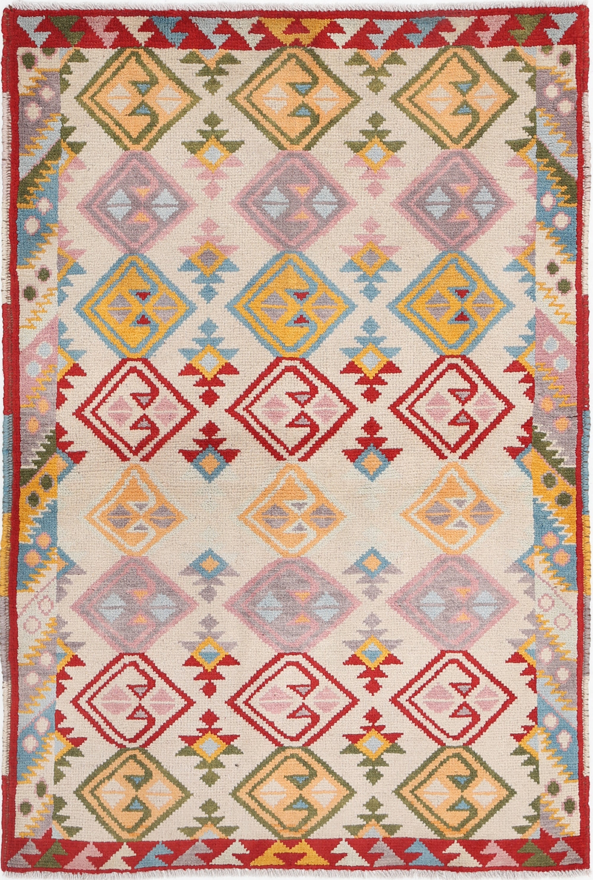 Ivory Hand-Knotted Tribal Geometric Wool Rug - 3'4" x 5'0"