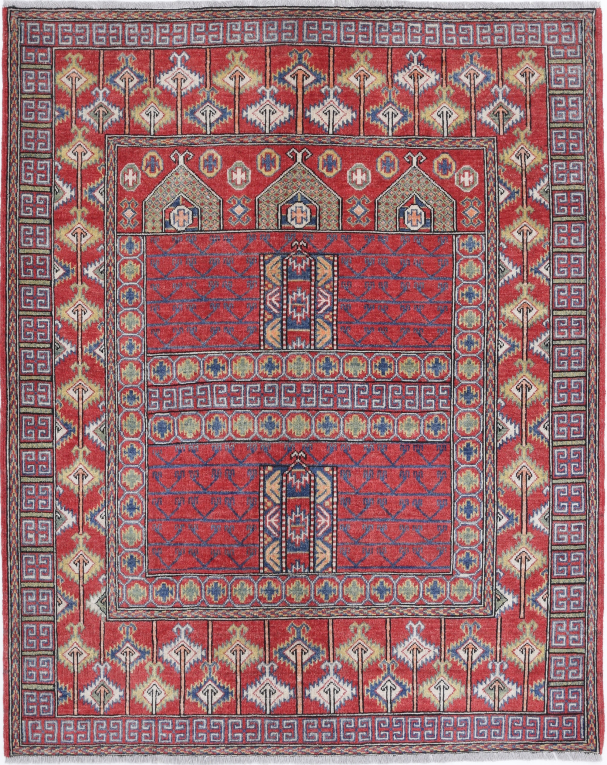 Red Hand-Knotted Distressed Vintage Wool Rug - 5'0" x 6'3"