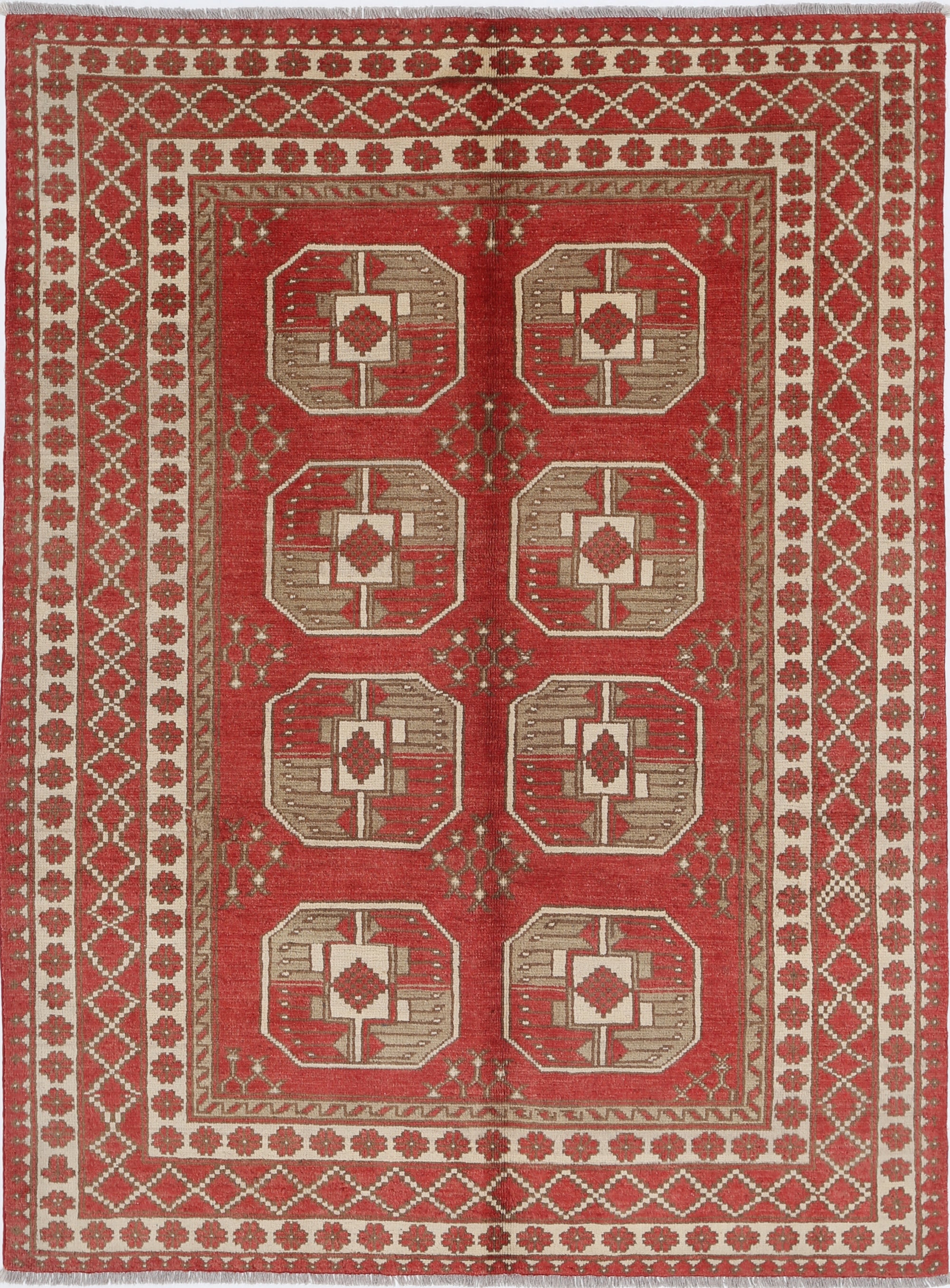 Red Hand-Knotted Distressed Vintage Wool Rug - 4'9" x 6'6"