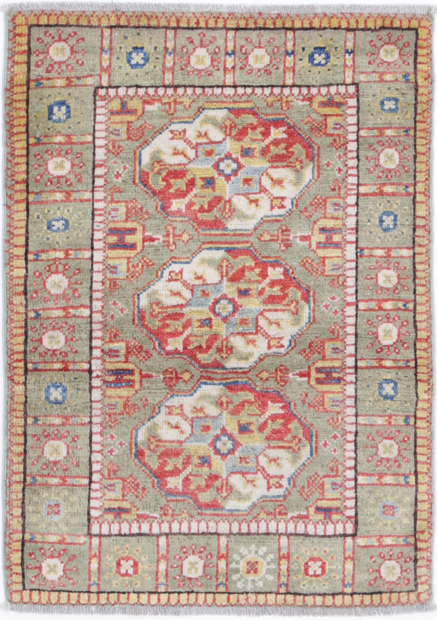 Green Hand-Knotted Distressed Vintage Wool Rug - 2'1" x 2'11"