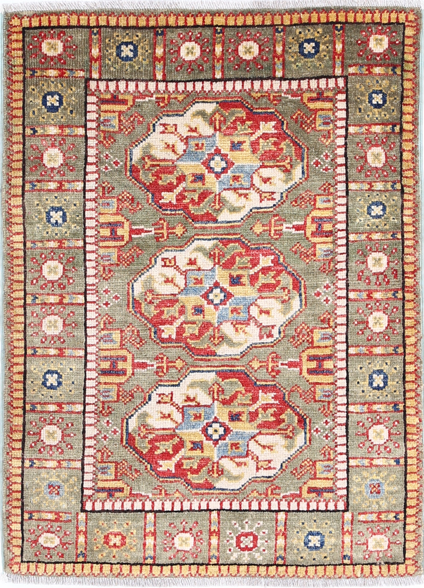 Green Hand-Knotted Distressed Vintage Wool Rug - 2'2" x 2'11"