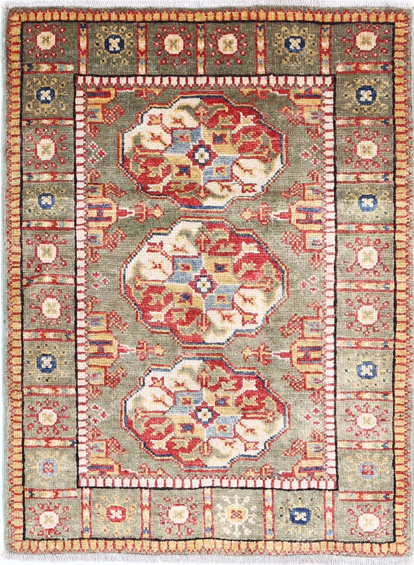 Green Hand-Knotted Distressed Vintage Wool Rug - 2'2" x 2'11"