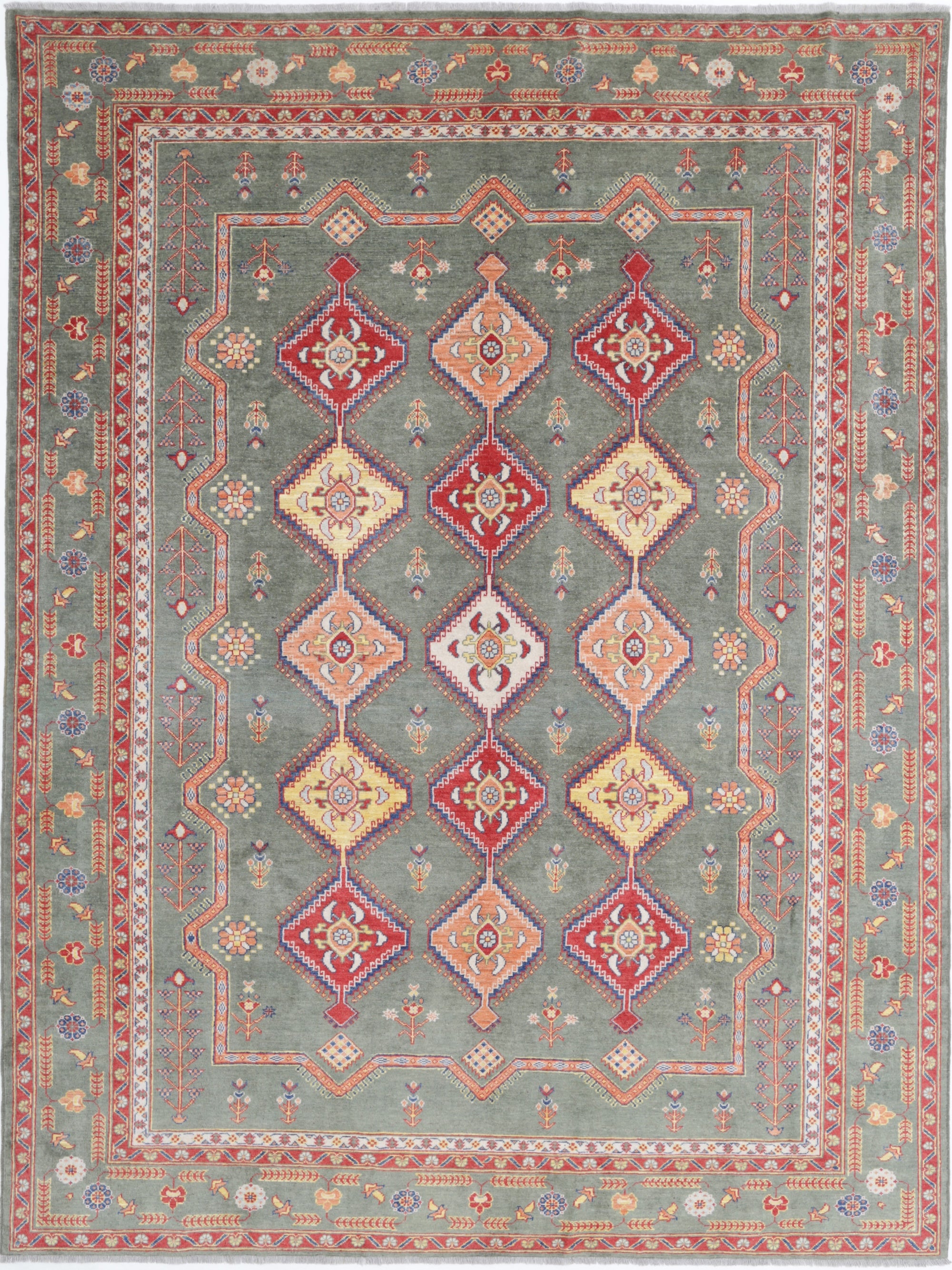 Green Hand-Knotted Distressed Vintage Wool Rug - 8'4" x 11'4"