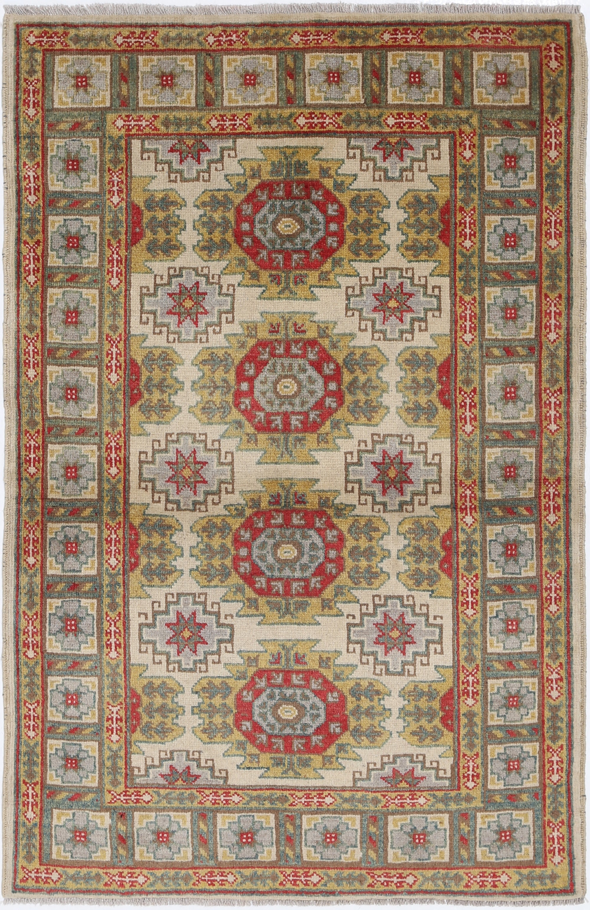 Ivory Hand-Knotted Distressed Vintage Wool Rug - 3'2" x 4'9"