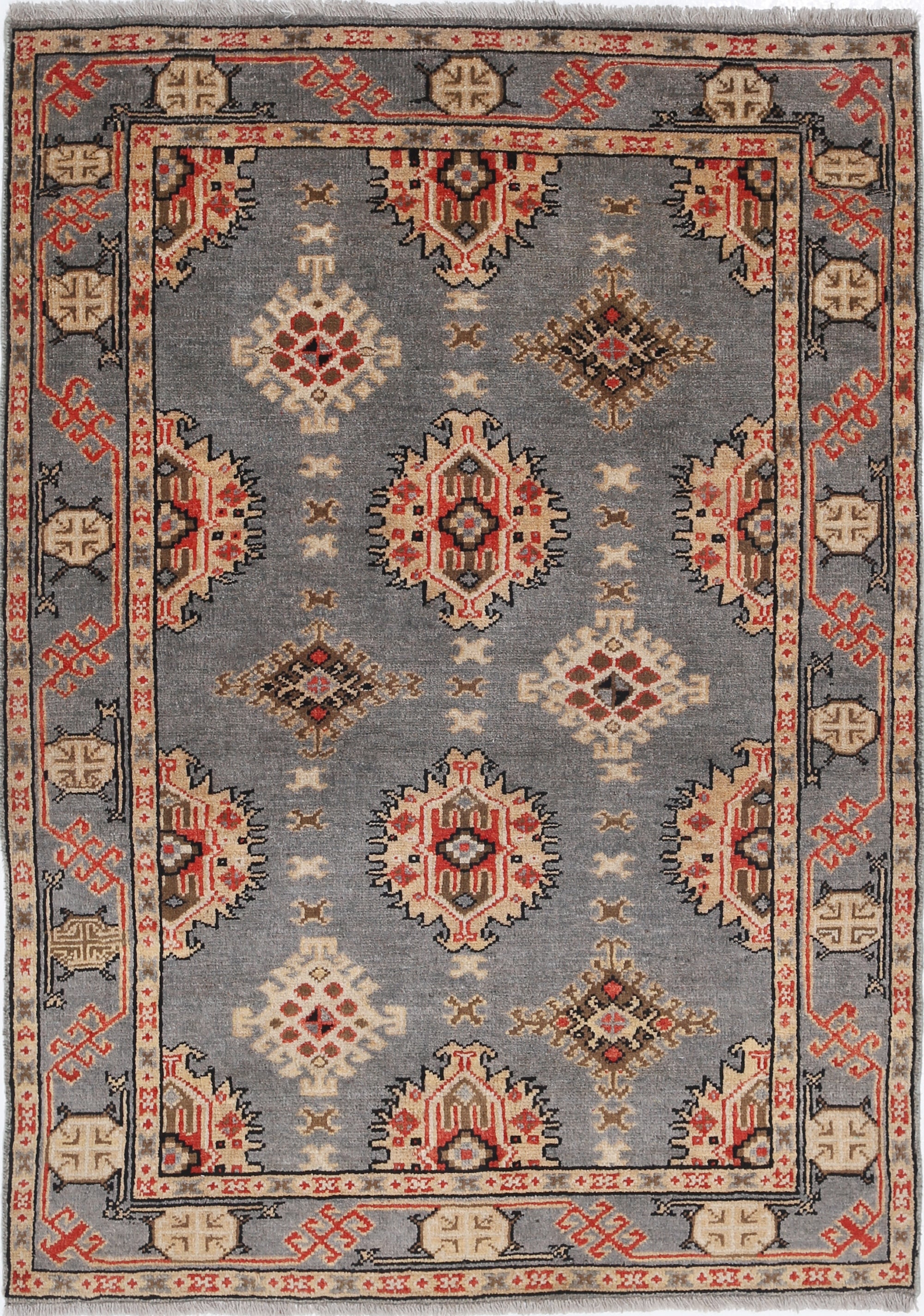 Grey Hand-Knotted Distressed Vintage Wool Rug - 3'5" x 4'10"