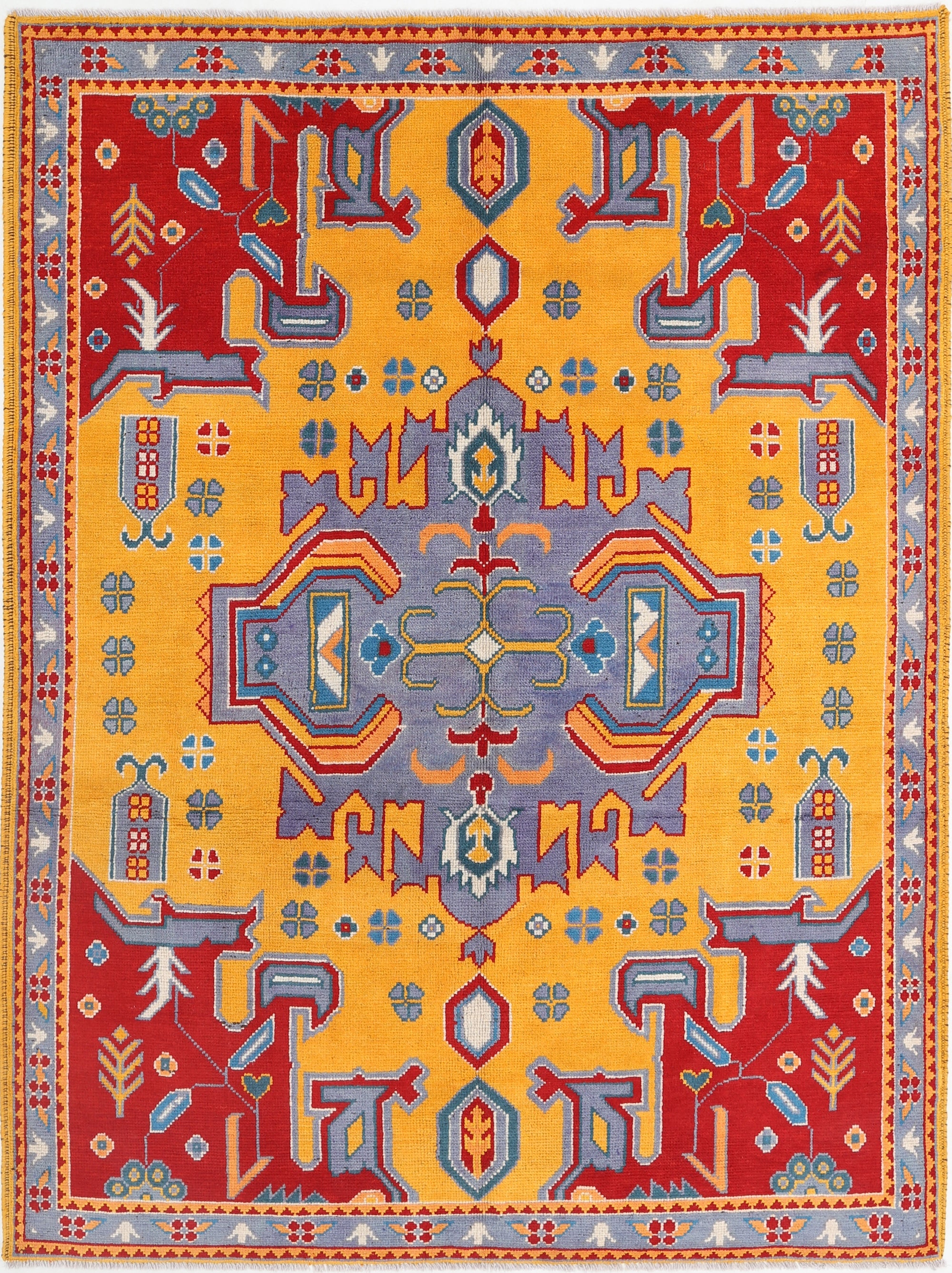 Gold Hand-Knotted Tribal Geometric Wool Rug - 5'8" x 7'7"