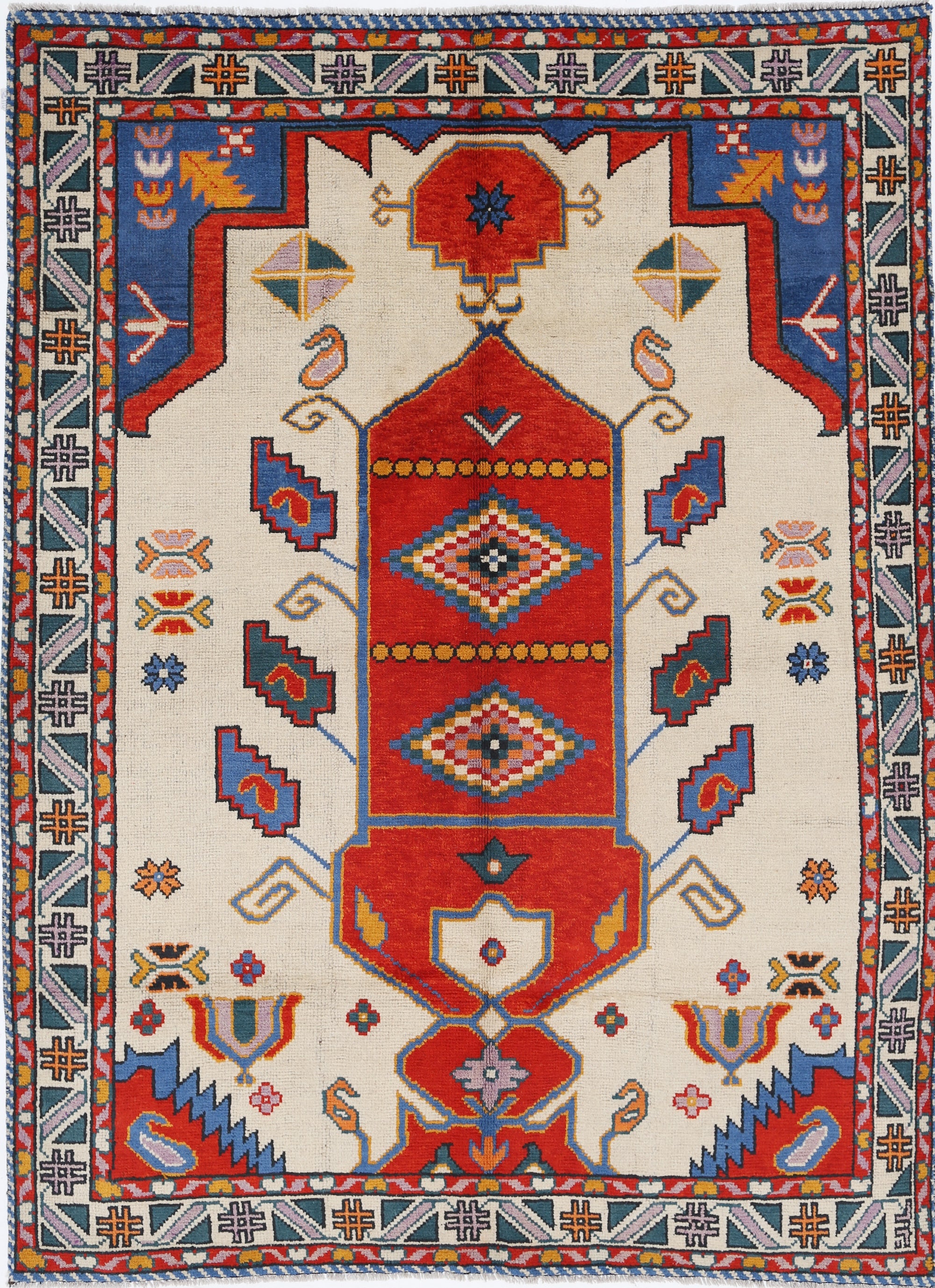 Ivory Hand-Knotted Tribal Geometric Wool Rug - 5'5" x 7'6"