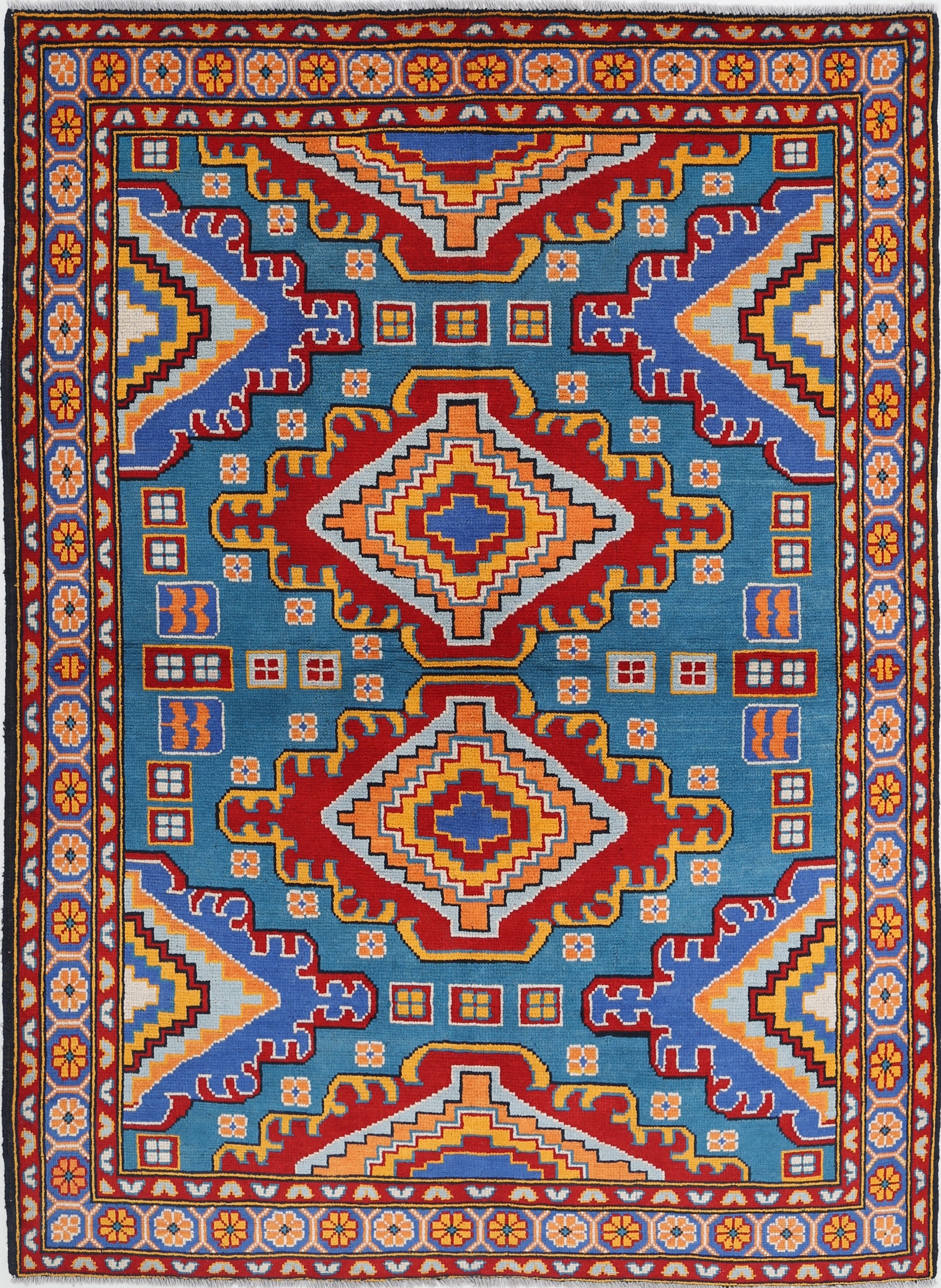 Teal Hand-Knotted Tribal Geometric Wool Rug - 5'9" x 7'1"