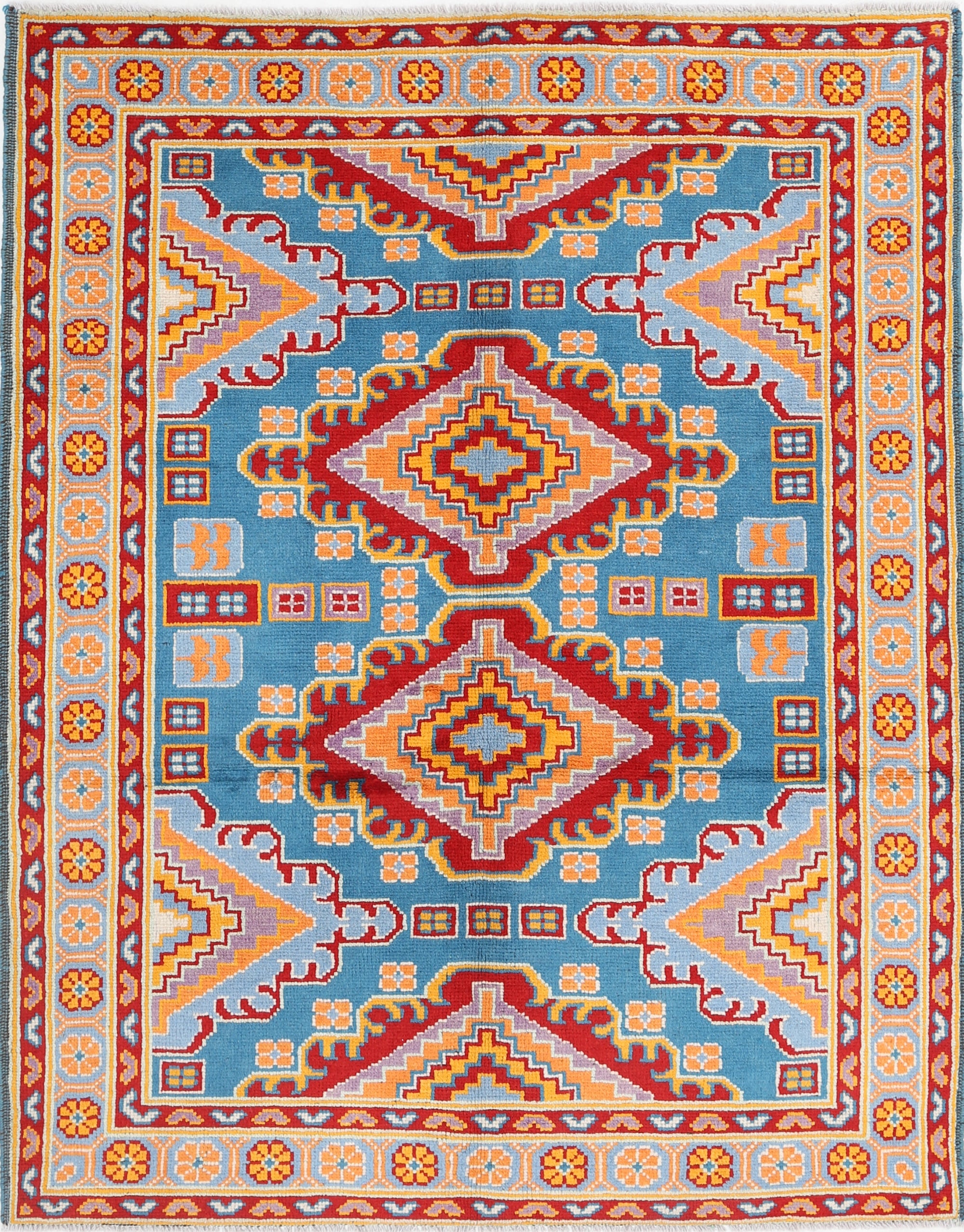 Teal Hand-Knotted Tribal Geometric Wool Rug - 5'0" x 6'6"