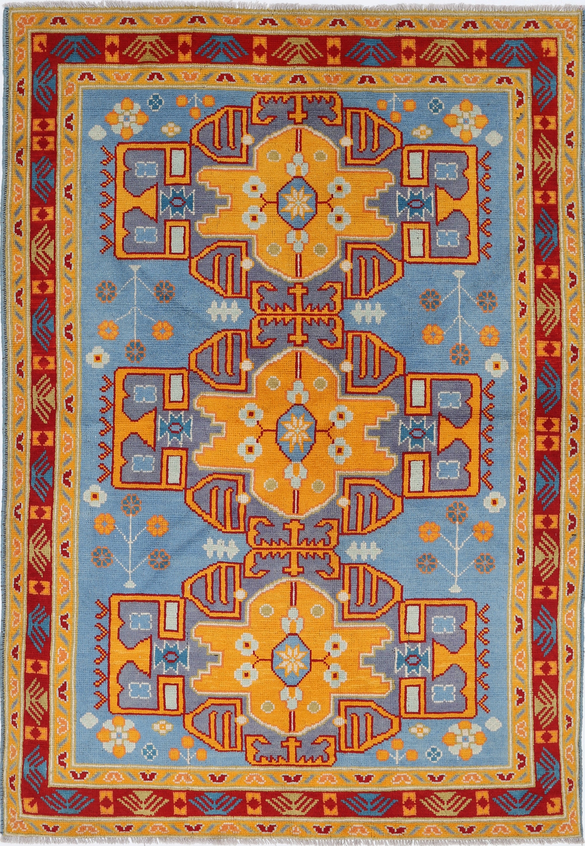 Blue Hand-Knotted Tribal Geometric Wool Rug - 5'6" x 7'10"
