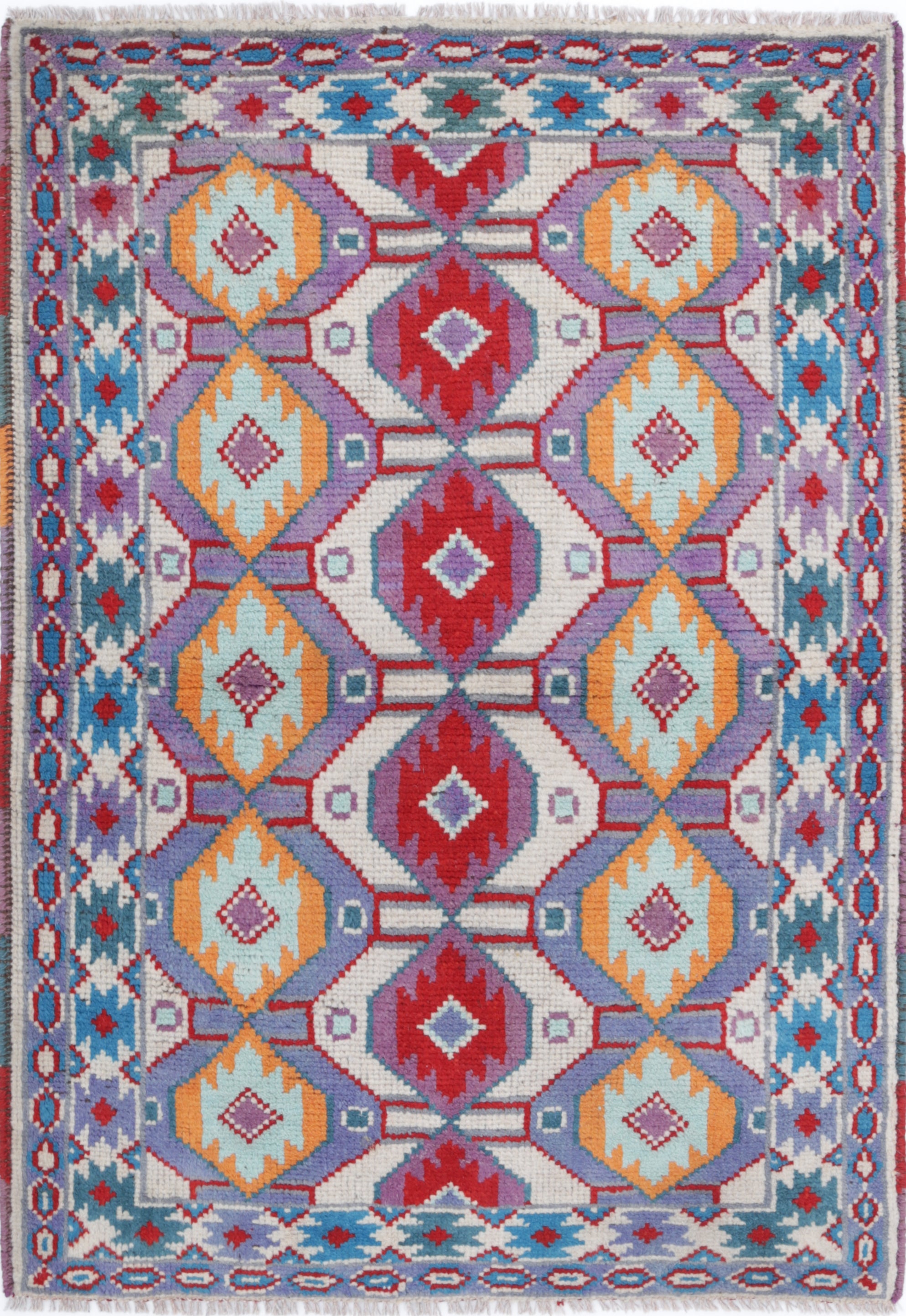 Ivory Hand-Knotted Tribal Geometric Wool Rug - 3'0" x 4'3"