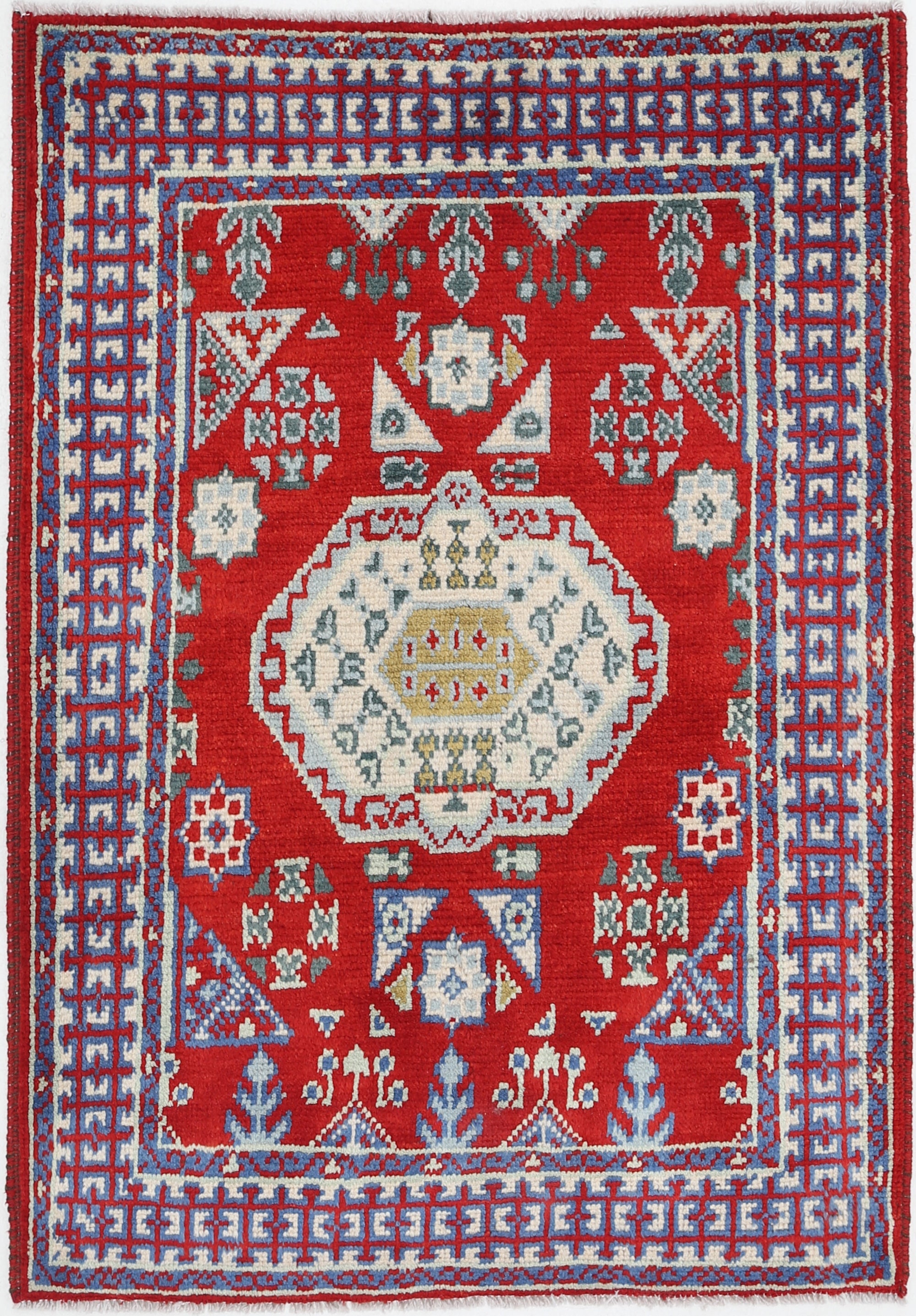 Red Hand-Knotted Tribal Geometric Wool Rug - 2'11" x 4'2"