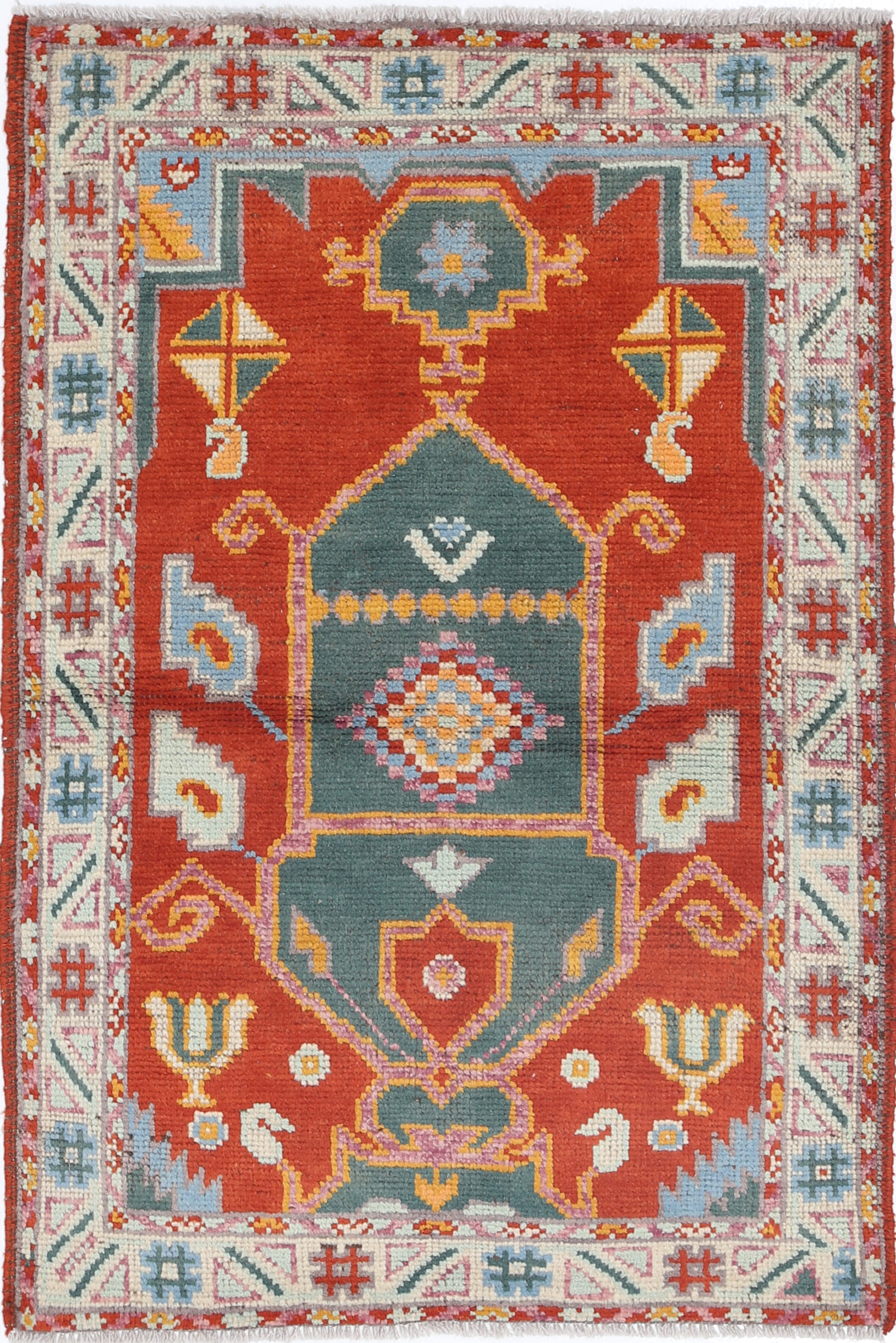 Red Hand-Knotted Tribal Geometric Wool Rug - 2'8" x 4'1"