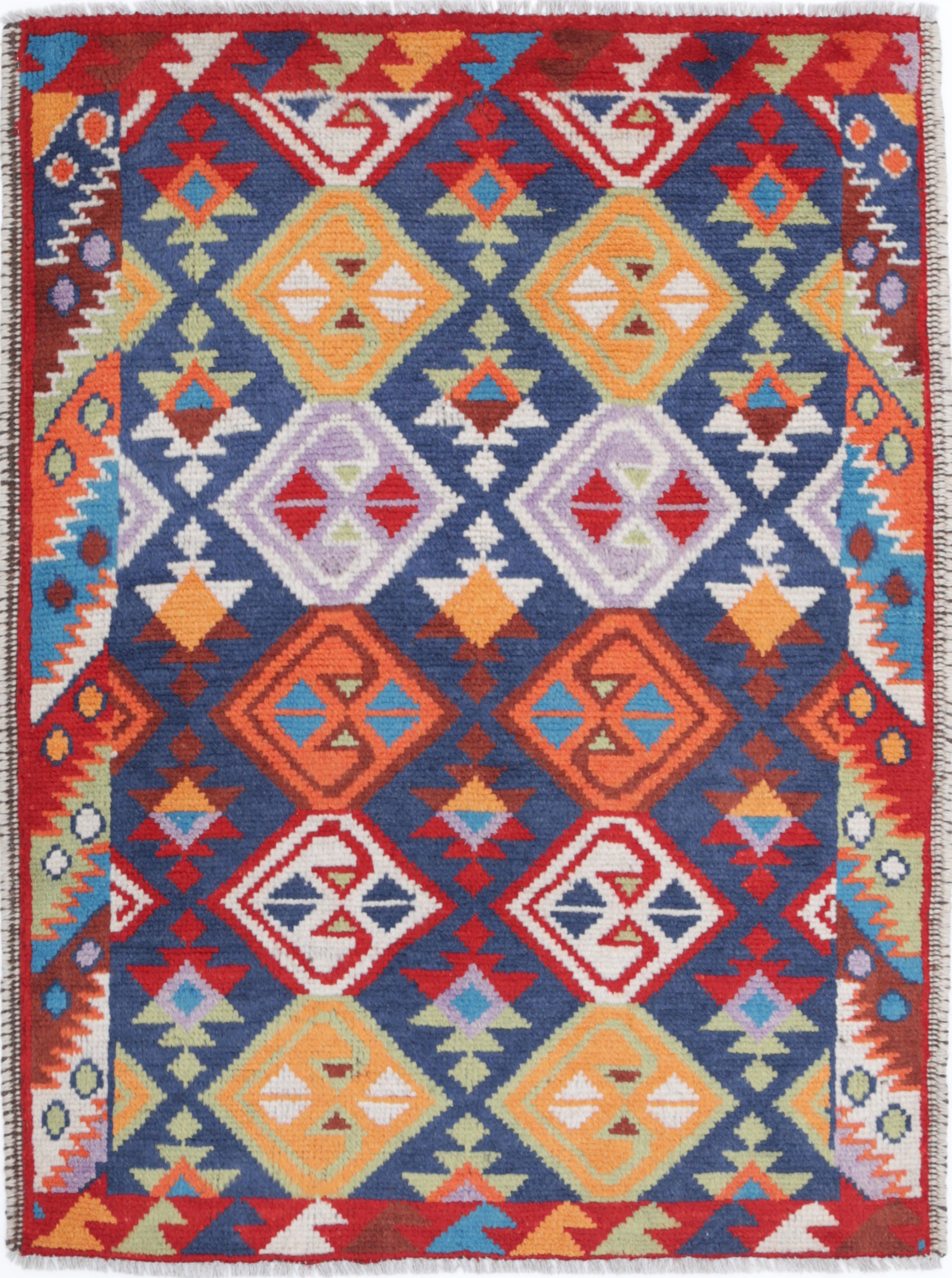 Blue Hand-Knotted Tribal Geometric Wool Rug - 2'9" x 3'10"