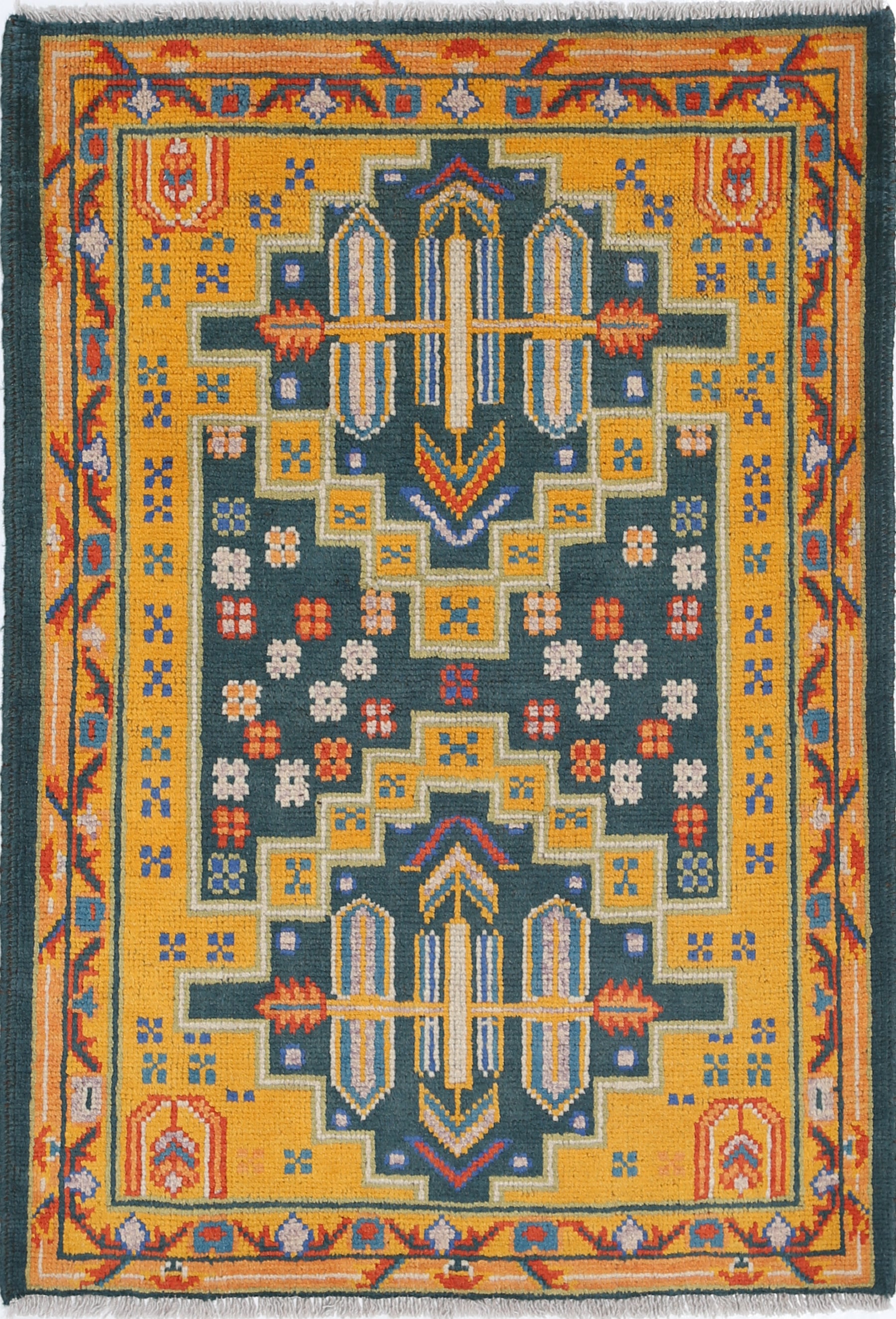 Green Hand-Knotted Tribal Geometric Wool Rug - 2'9" x 3'11"