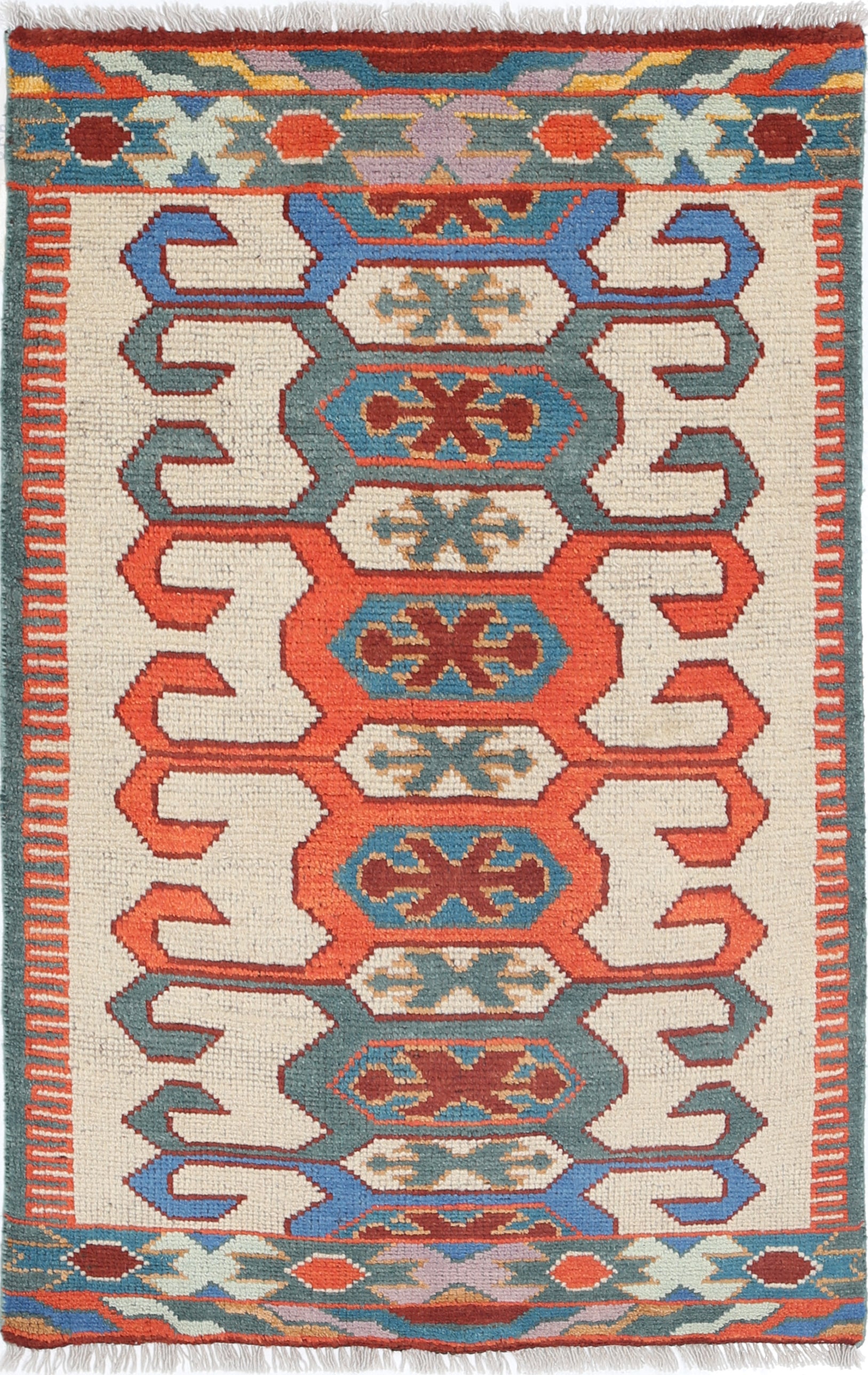 Ivory Hand-Knotted Tribal Geometric Wool Rug - 2'7" x 3'10"
