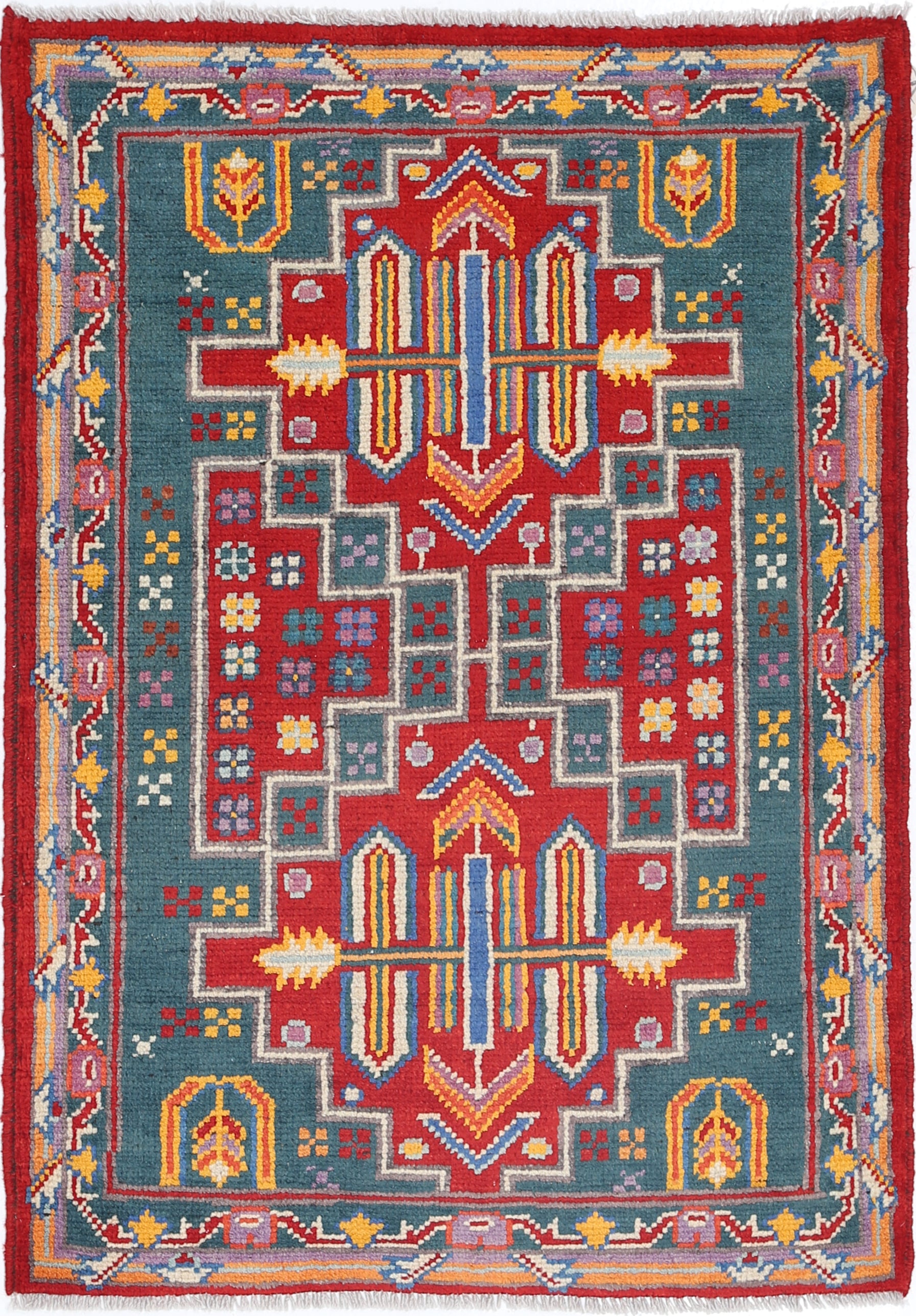 Green Hand-Knotted Tribal Geometric Wool Rug - 2'8" x 3'11"