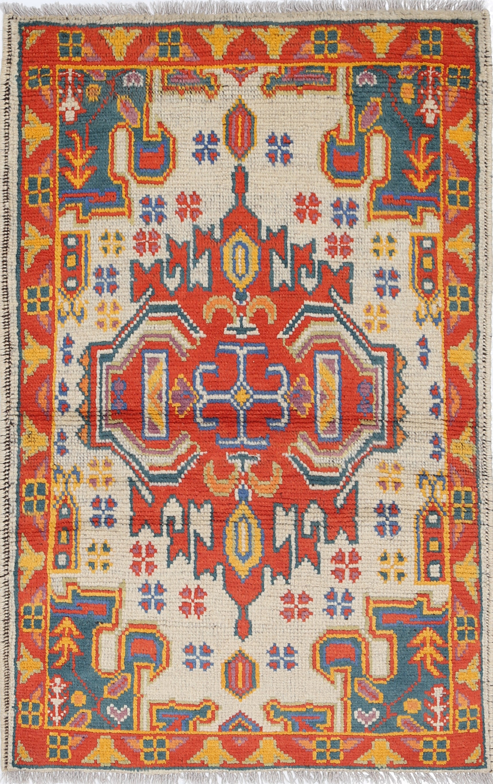 Ivory Hand-Knotted Tribal Geometric Wool Rug - 2'6" x 4'1"