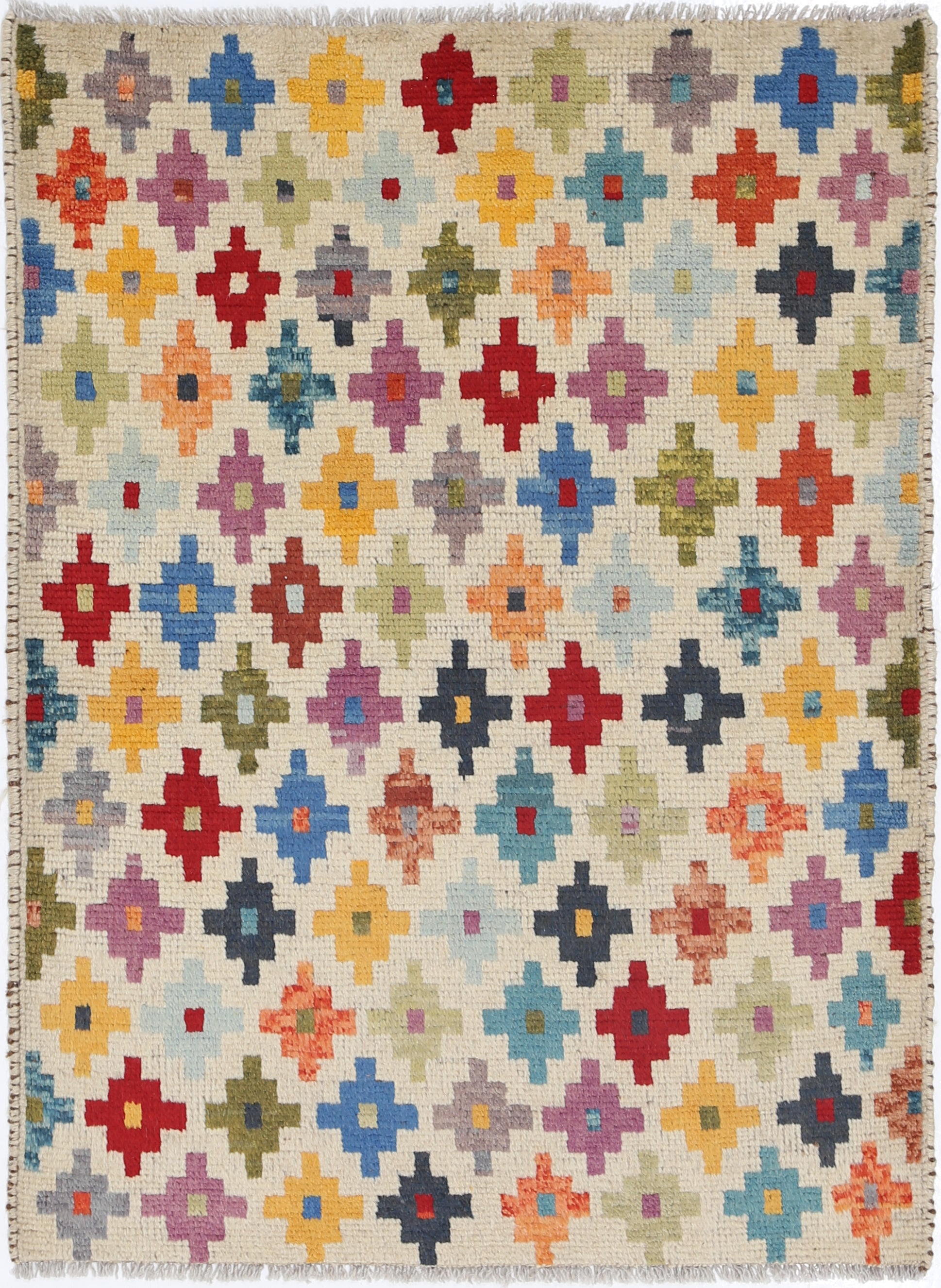 Ivory Hand-Knotted Tribal Geometric Wool Rug - 2'10" x 3'10"