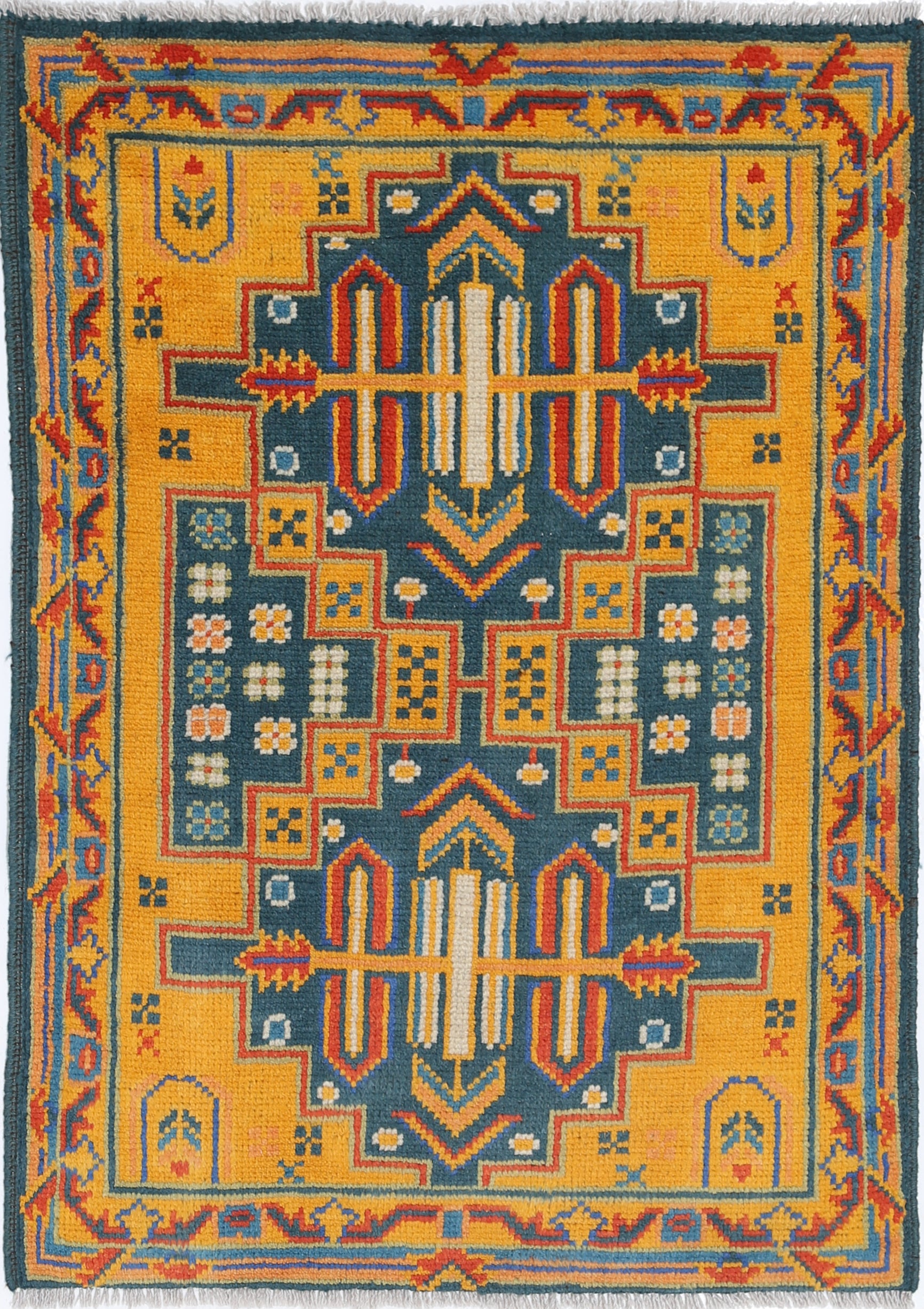 Gold Hand-Knotted Tribal Geometric Wool Rug - 2'7" x 3'8"