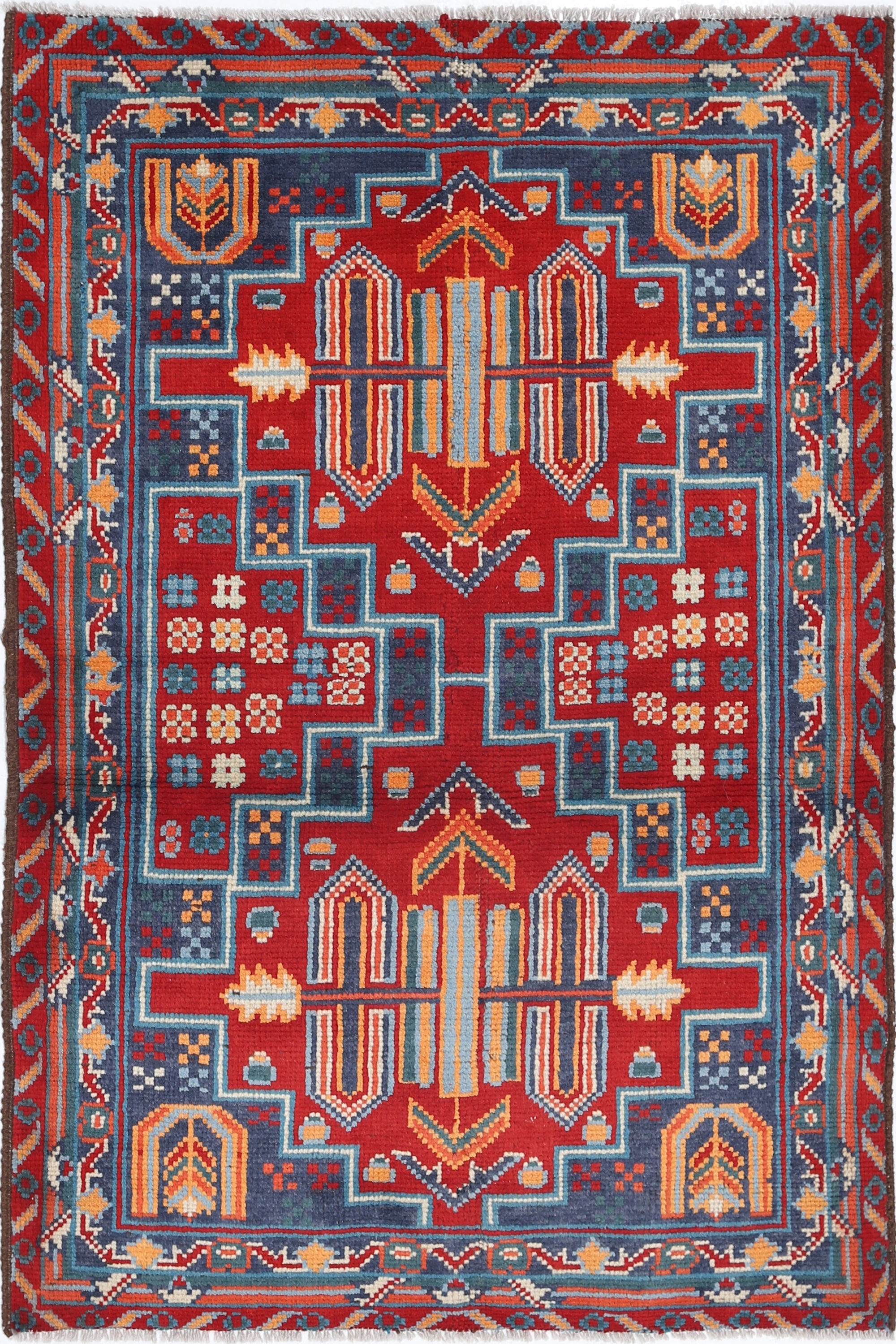 Blue Hand-Knotted Tribal Geometric Wool Rug - 3'4" x 4'11"