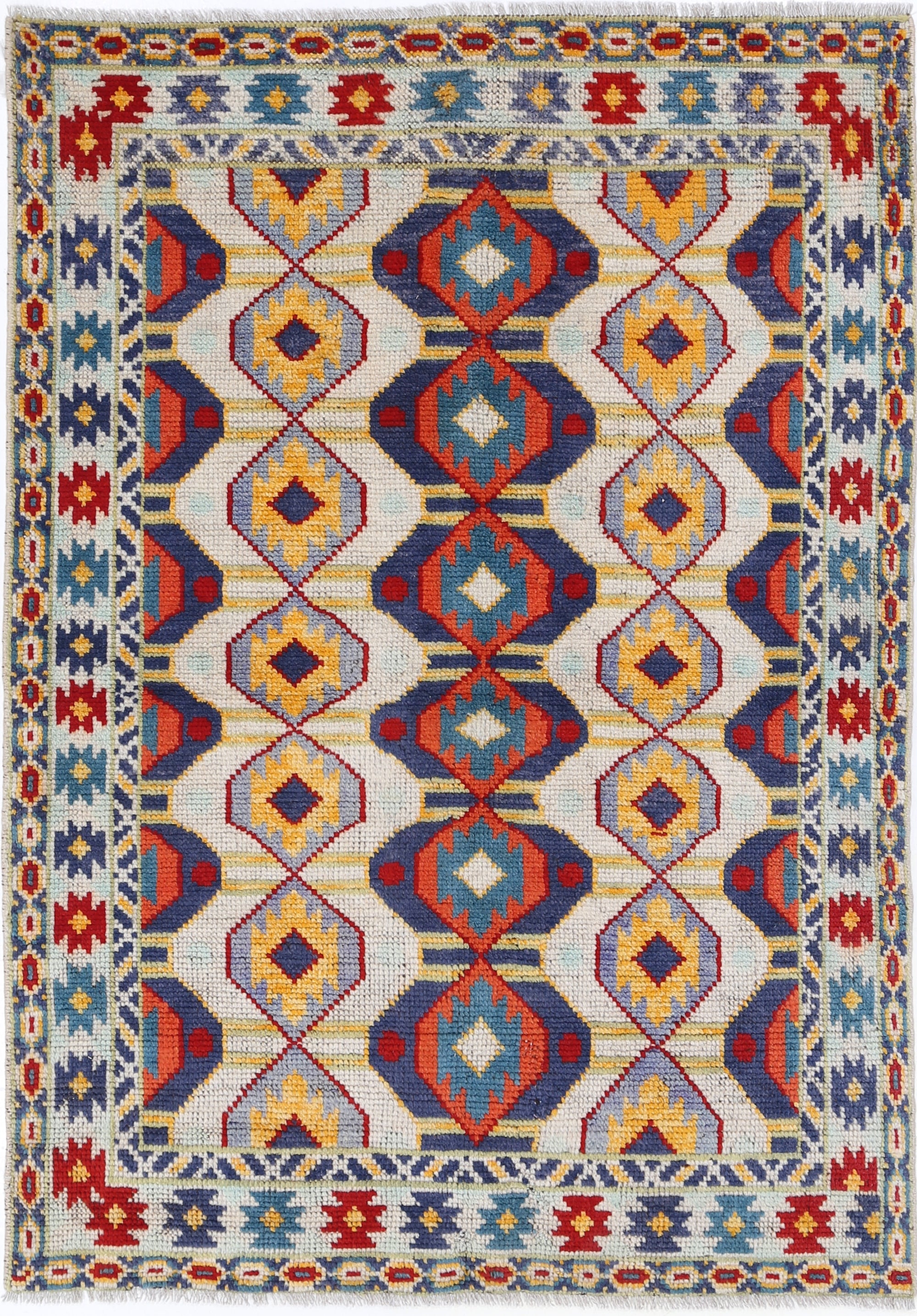 Grey Hand-Knotted Tribal Geometric Wool Rug - 3'4" x 4'10"
