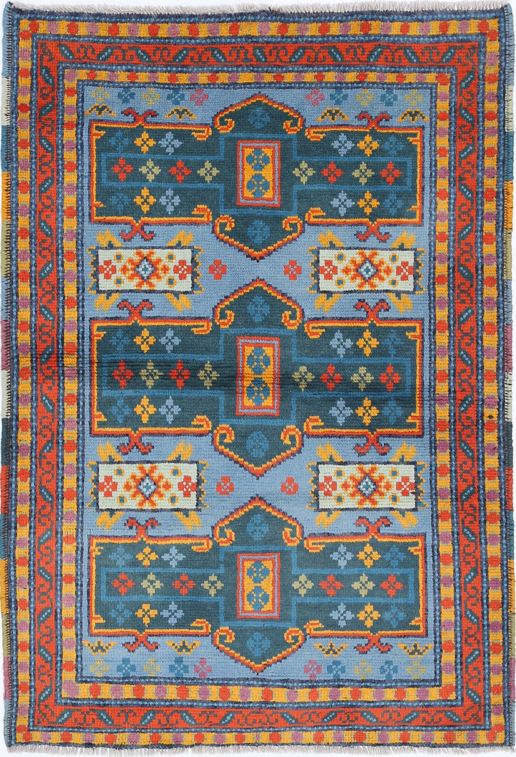 Blue Hand-Knotted Tribal Geometric Wool Rug - 3'5" x 4'10"