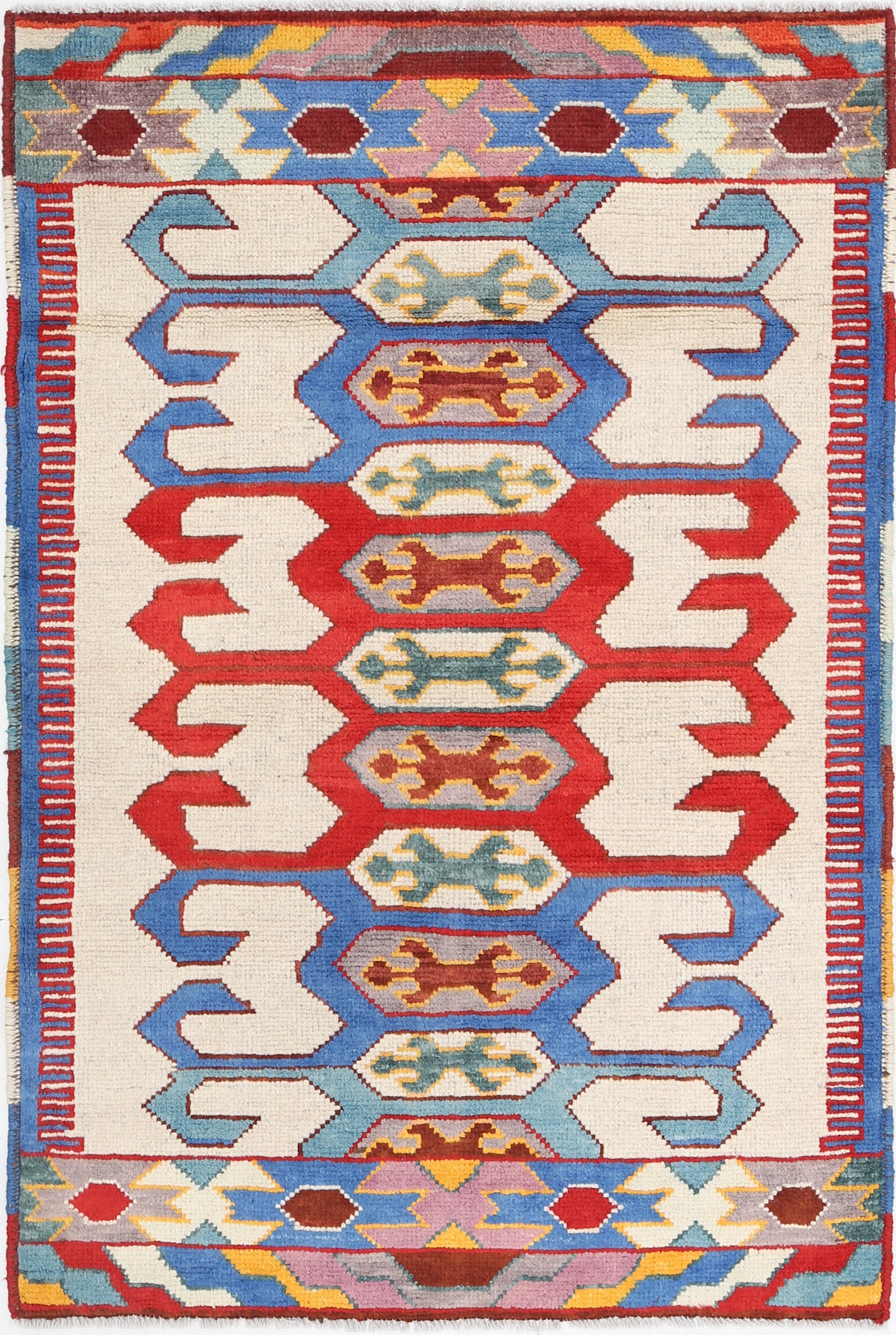 Ivory Hand-Knotted Tribal Geometric Wool Rug - 3'4" x 5'0"