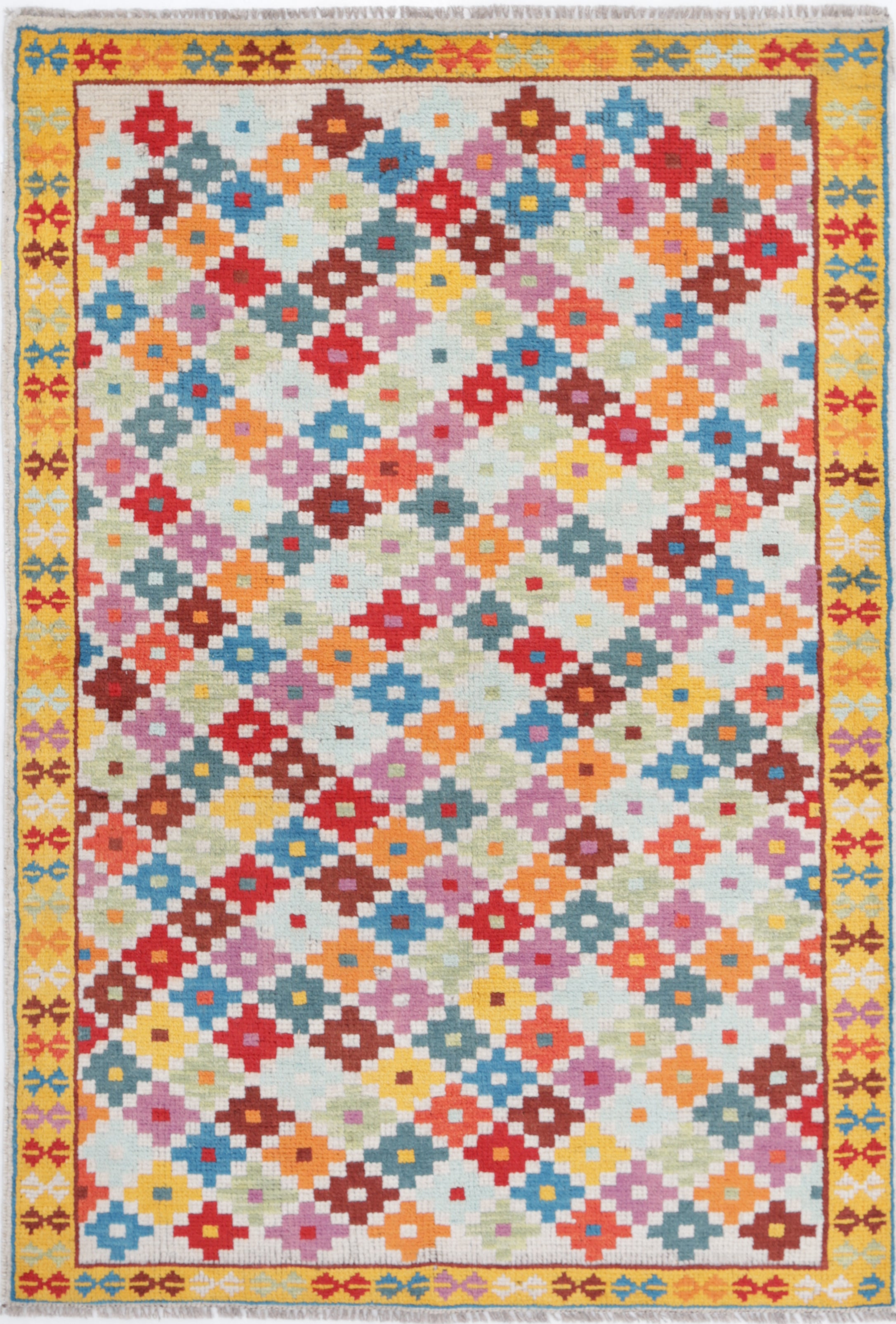 Ivory Hand-Knotted Tribal Geometric Wool Rug - 3'3" x 4'9"