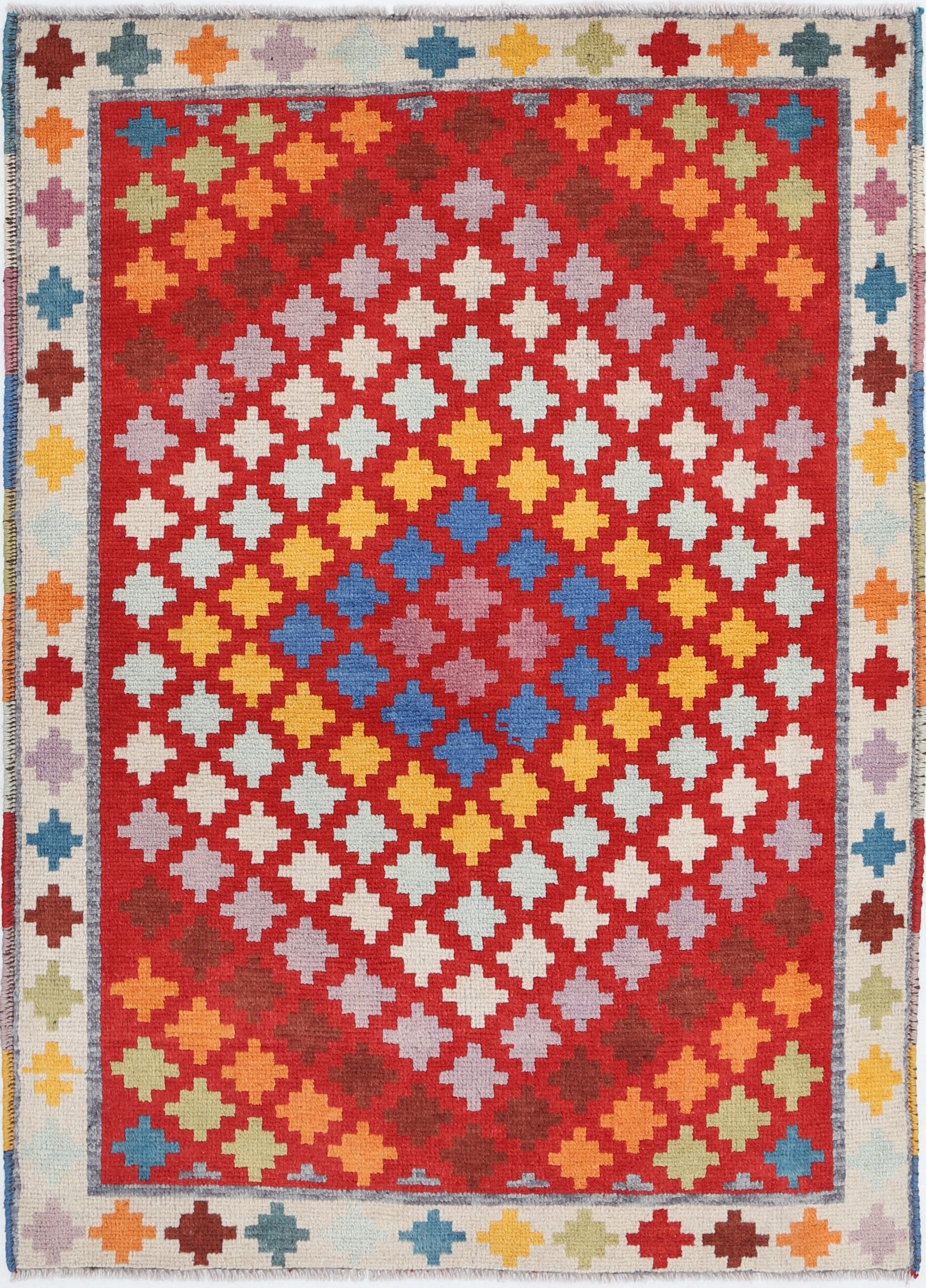 Red Hand-Knotted Tribal Geometric Wool Rug - 3'4" x 4'9"