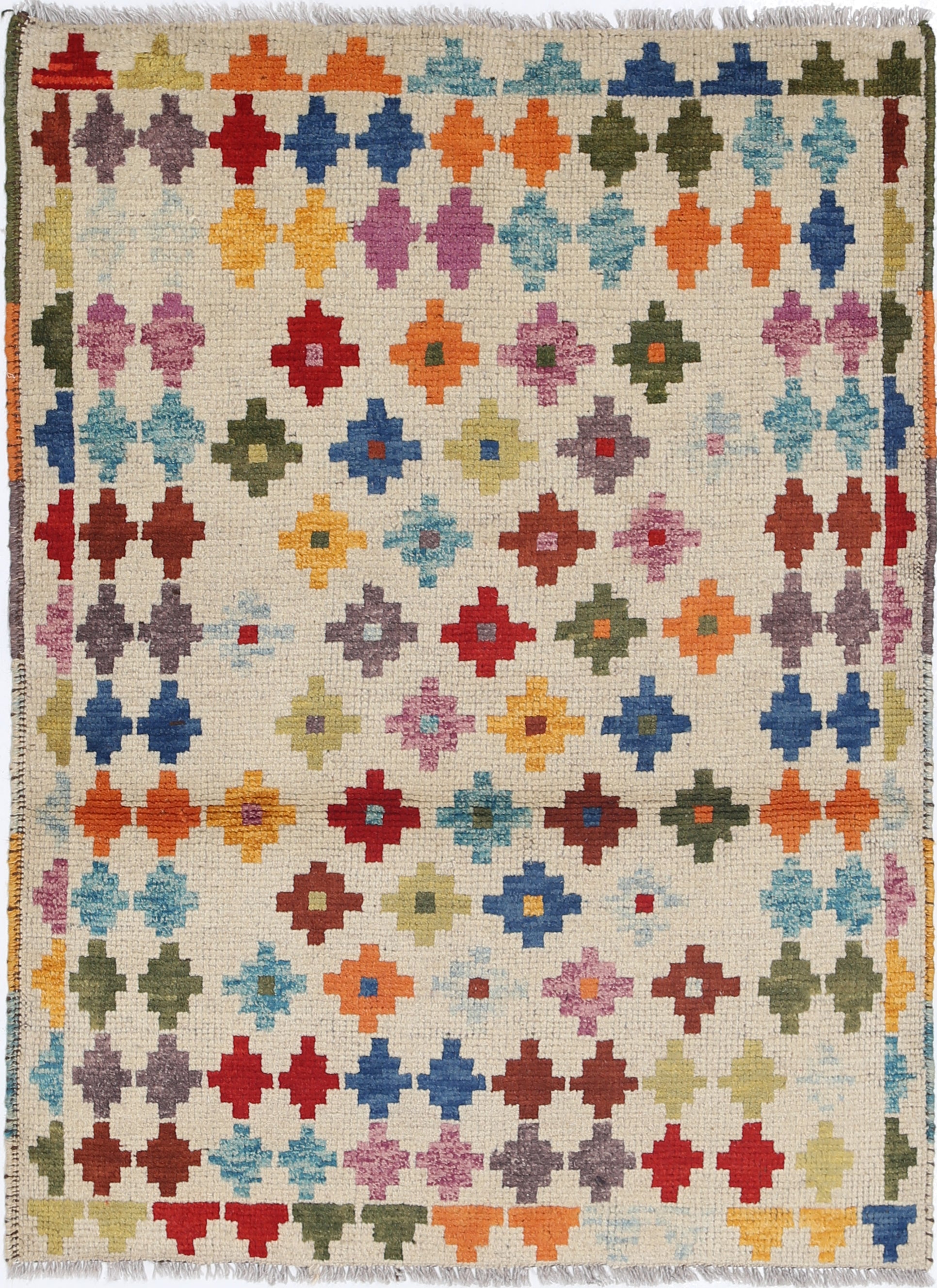 Ivory Hand-Knotted Tribal Geometric Wool Rug - 2'10" x 4'0"