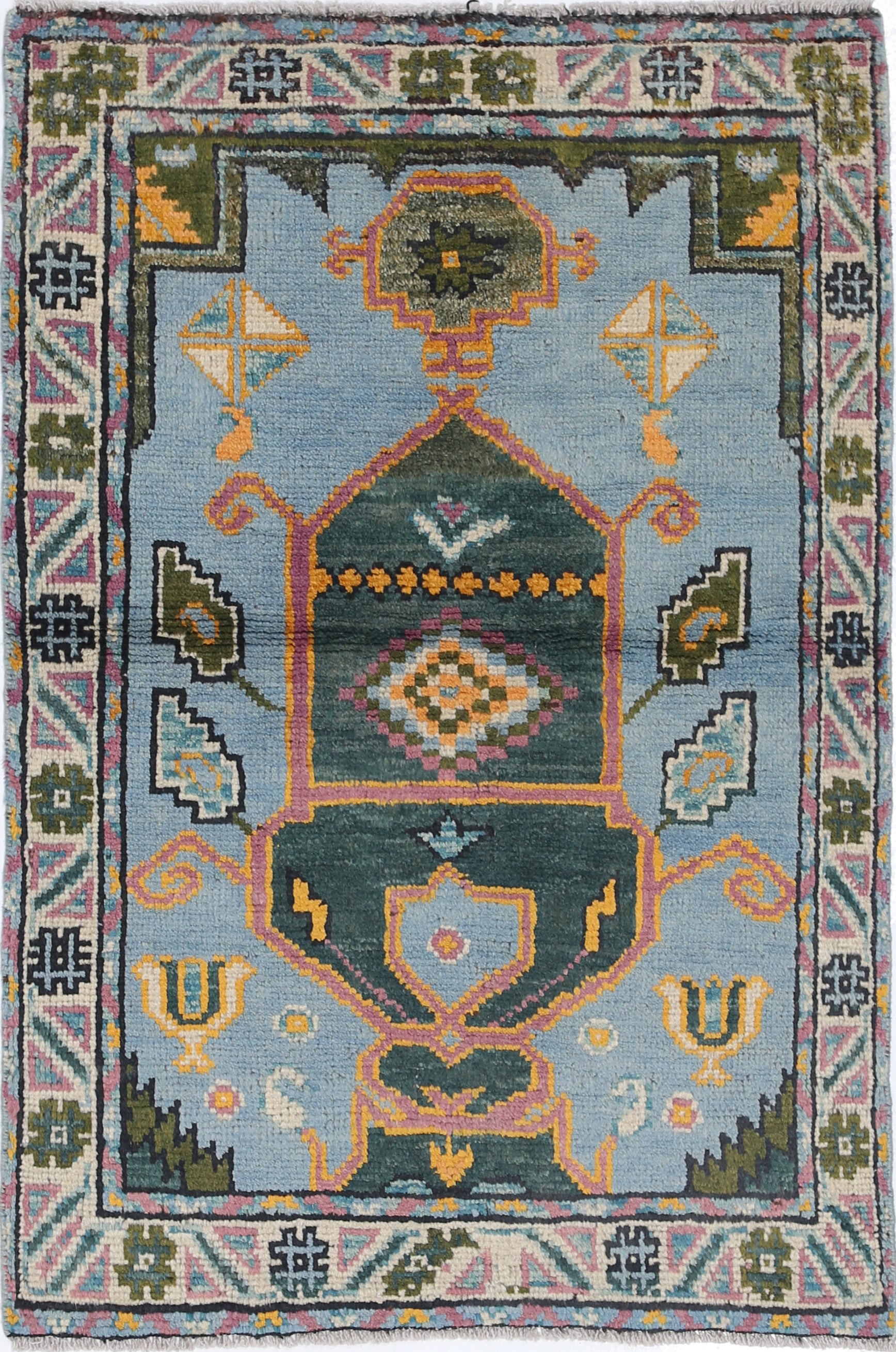 Blue Hand-Knotted Tribal Geometric Wool Rug - 2'7" x 3'10"