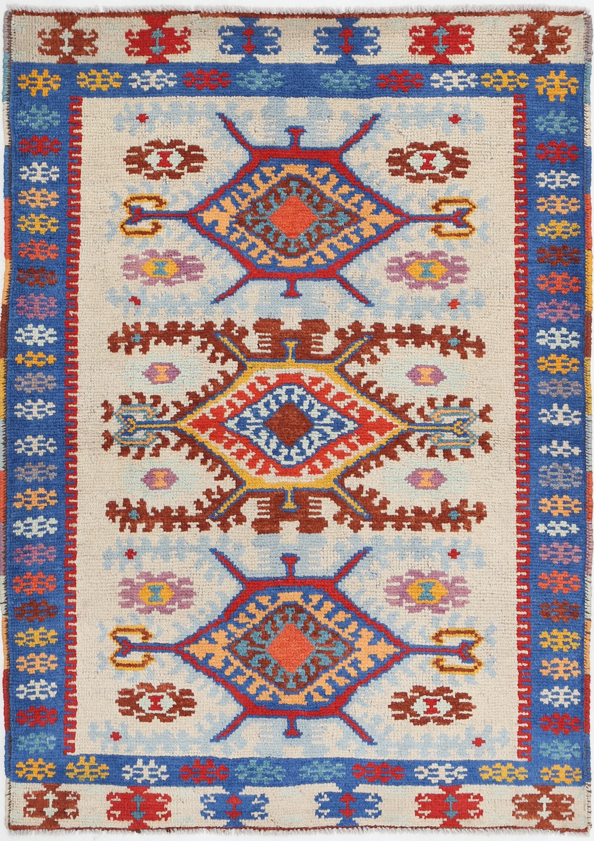 Ivory Hand-Knotted Tribal Geometric Wool Rug - 3'5" x 4'10"
