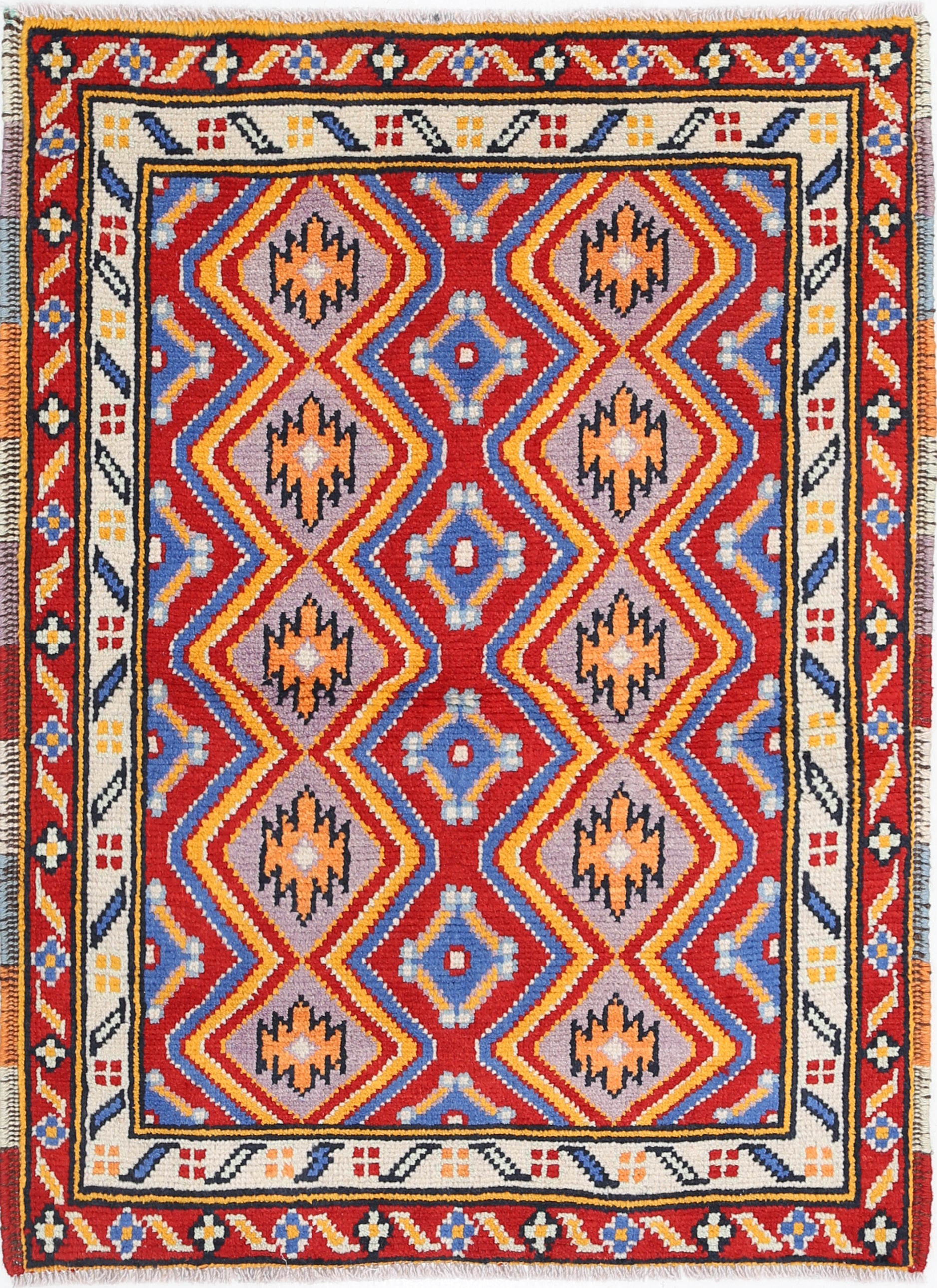 Red Hand-Knotted Tribal Geometric Wool Rug - 2'7" x 3'9"