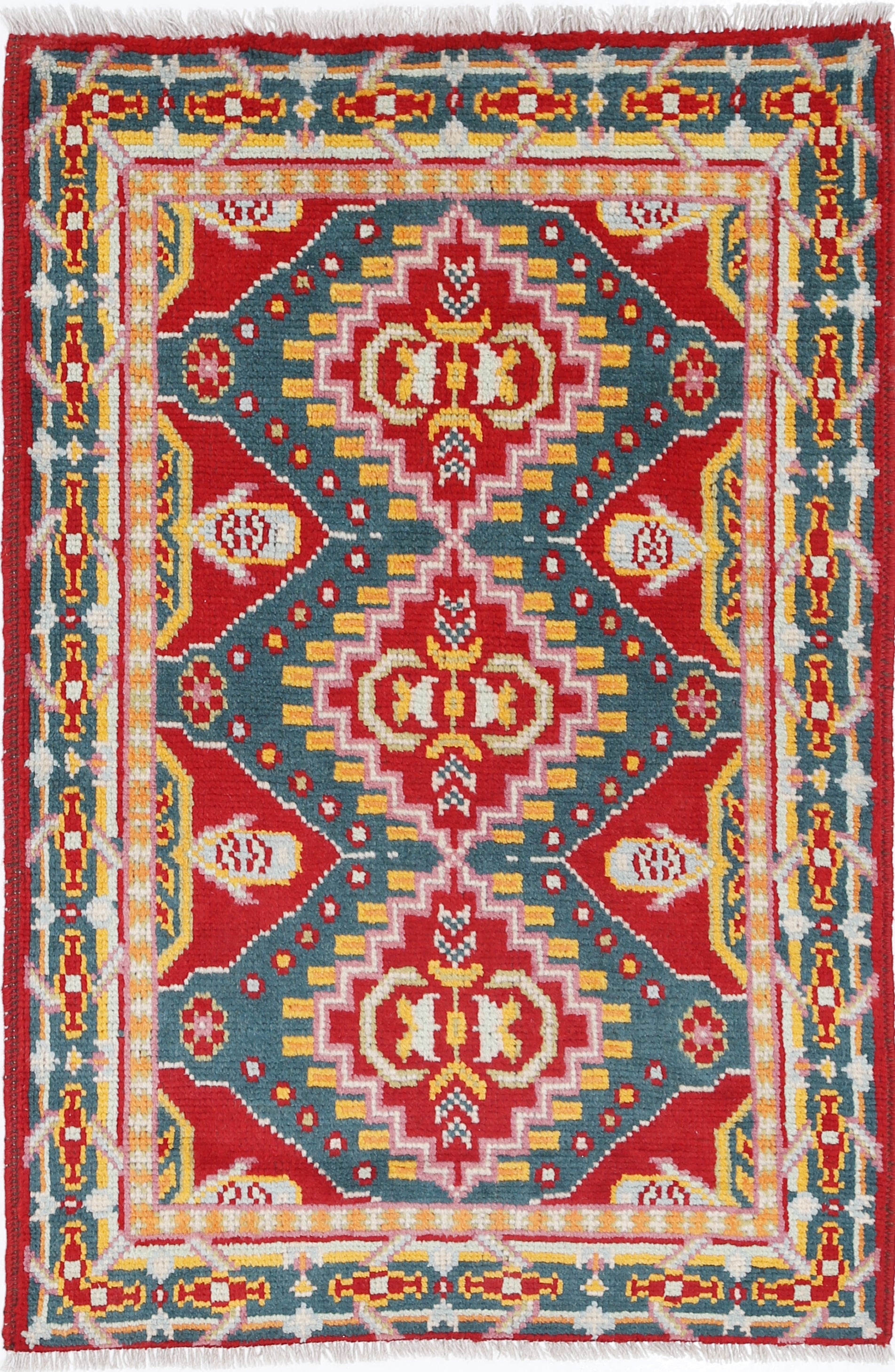 Red Hand-Knotted Tribal Geometric Wool Rug - 2'10" x 4'3"