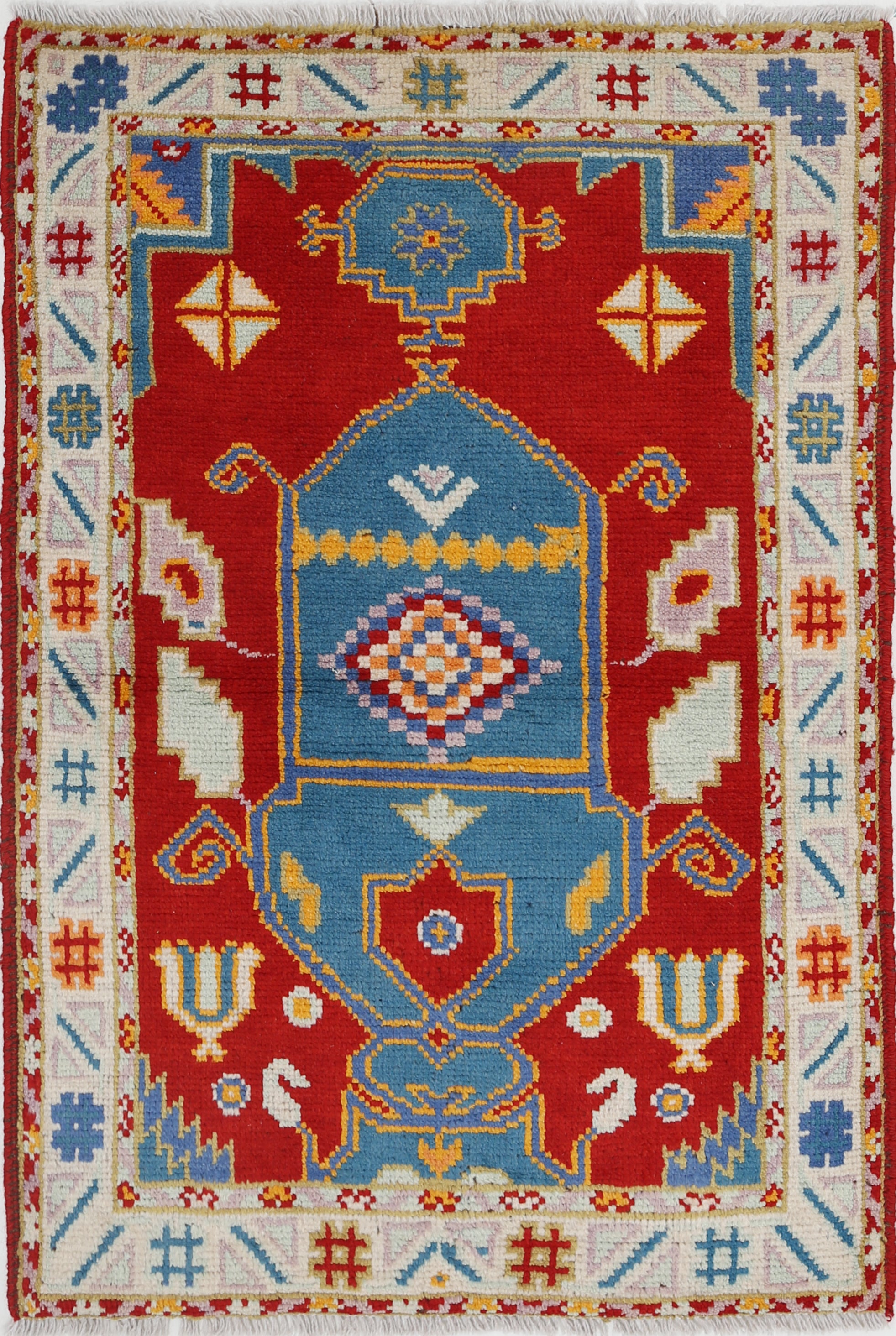 Red Hand-Knotted Tribal Geometric Wool Rug - 2'9" x 4'1"